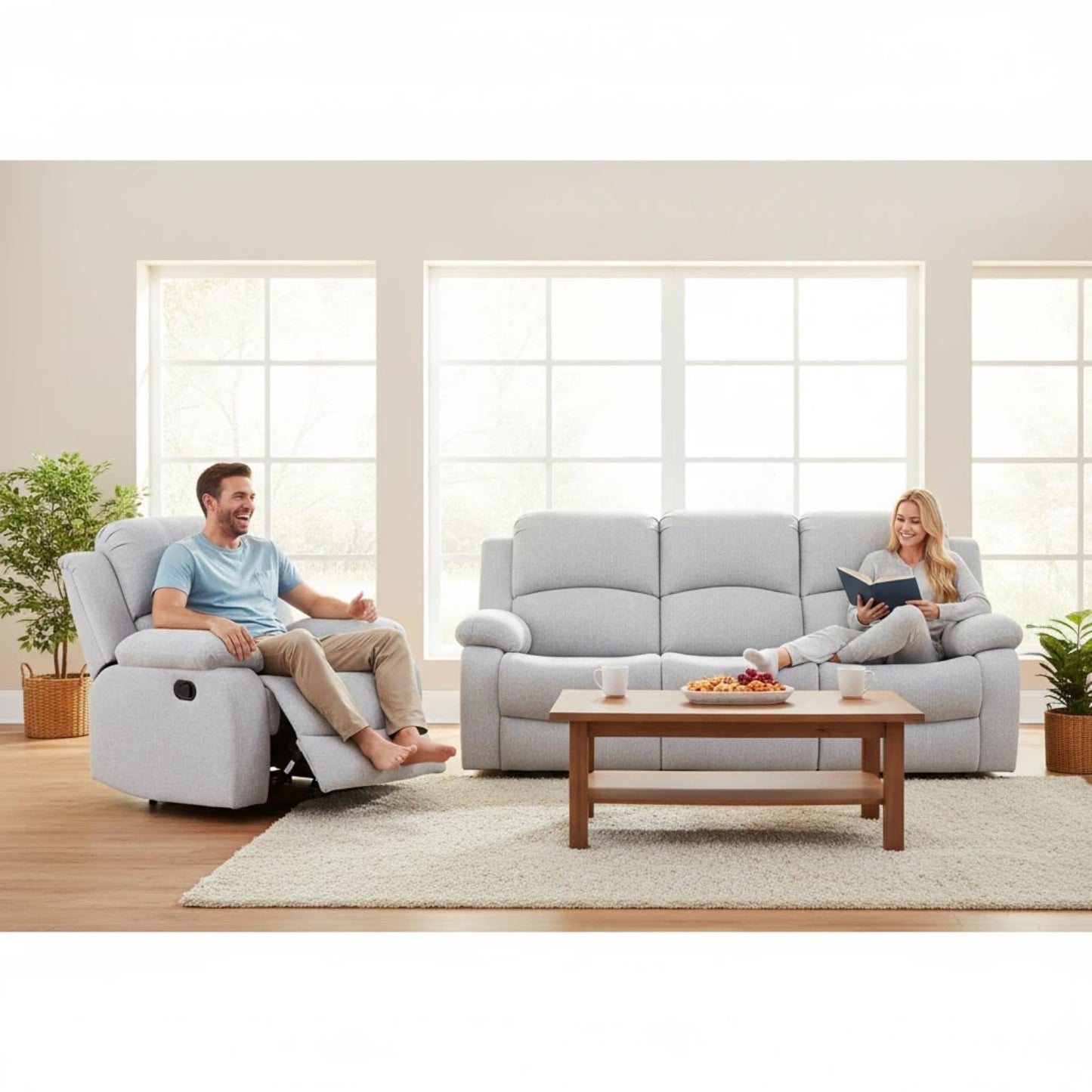 Trygoal Manual Recliner Sofa Set, Linen Reclining Living Room Furniture Set, Adjustable Backrest Reclining Chair & a 3 Seater Couch Furniture Set for Living Room & Home Theater, White Grey