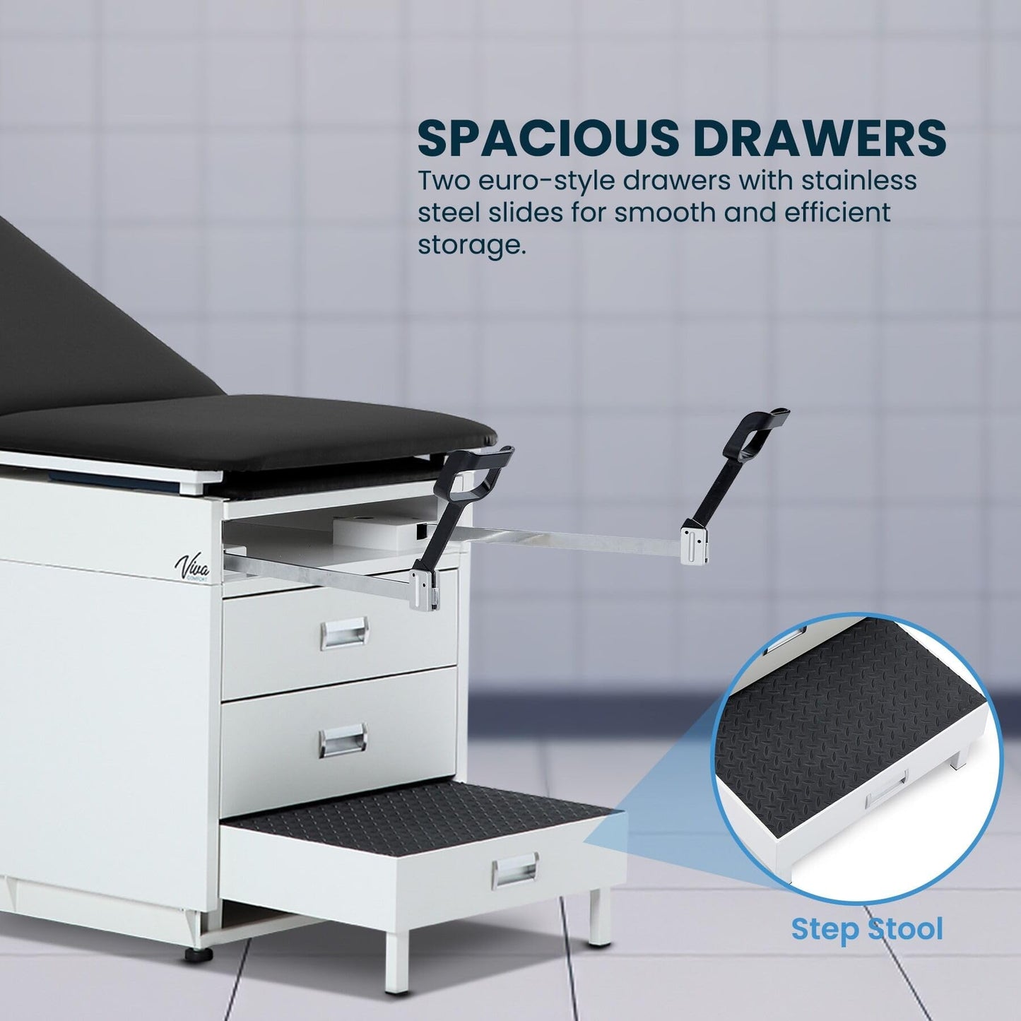Vivacomfort Grande Medical Exam Table, Adjustable Exam Bed with Step Stool, Storage Cabinets, Foot Rest and Stirrups,47.64” L x 26.77” W x 29.13” H, Black