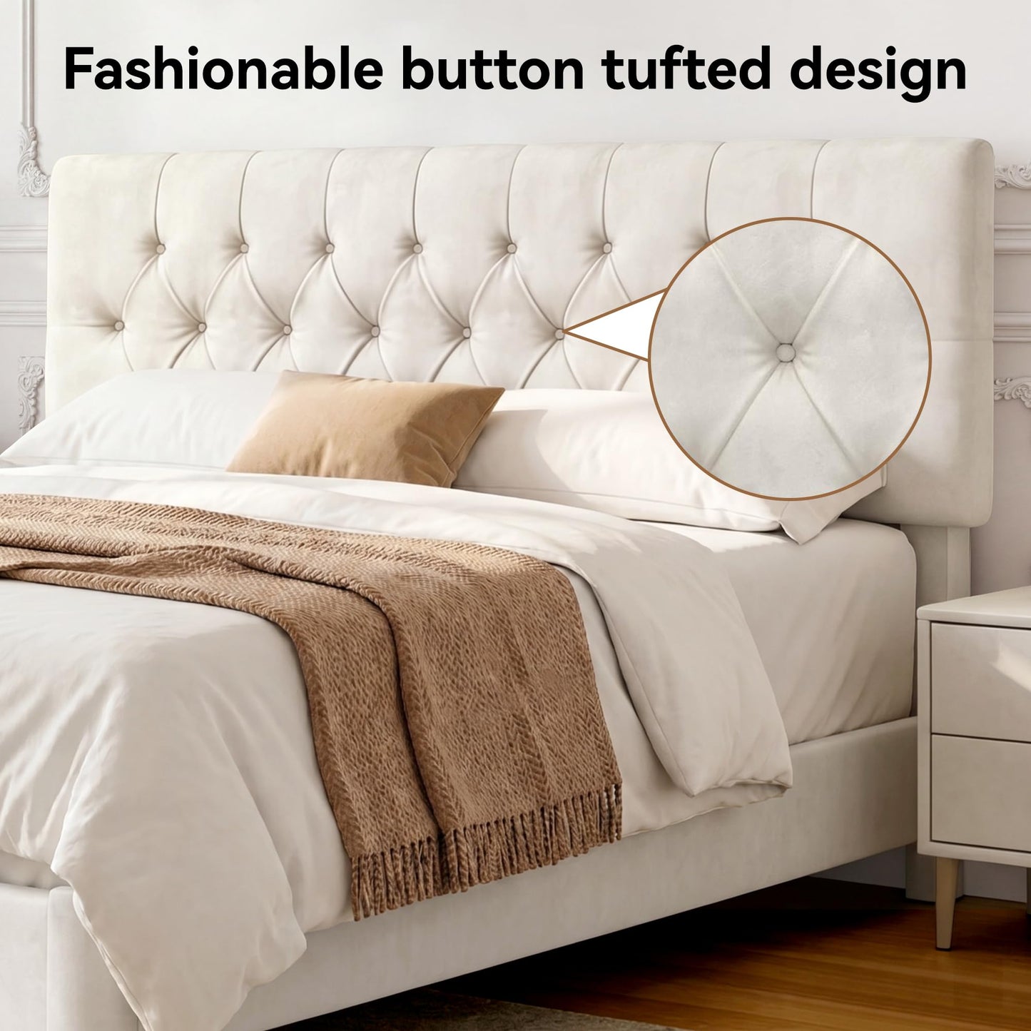 AMICLIBER Queen Bed Frame with Adjustable Headboard, Velvet Upholstered Platform Bed with Button Tufted Design, Solid Wooden Slats, Noise-Free, No Box Spring Needed, Easy Assembly, Beige