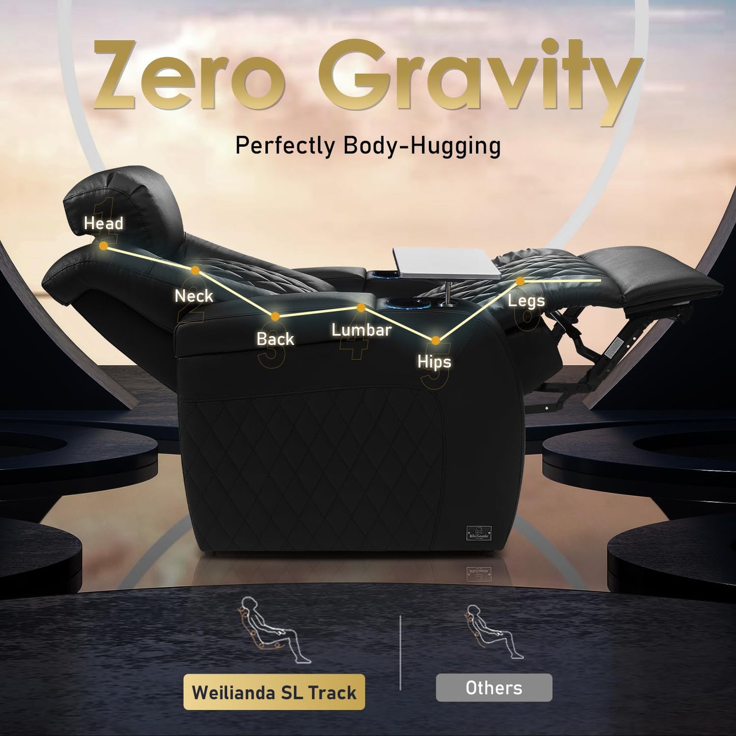 Weilianda Home Theater Seating Top Grain Leather Zero Gravity Recliner Chair Power Headrest Recline Movie Seat Gaming 7 Colors Mood Light Sofa with Tray Table USB Charge Row of 1 Black