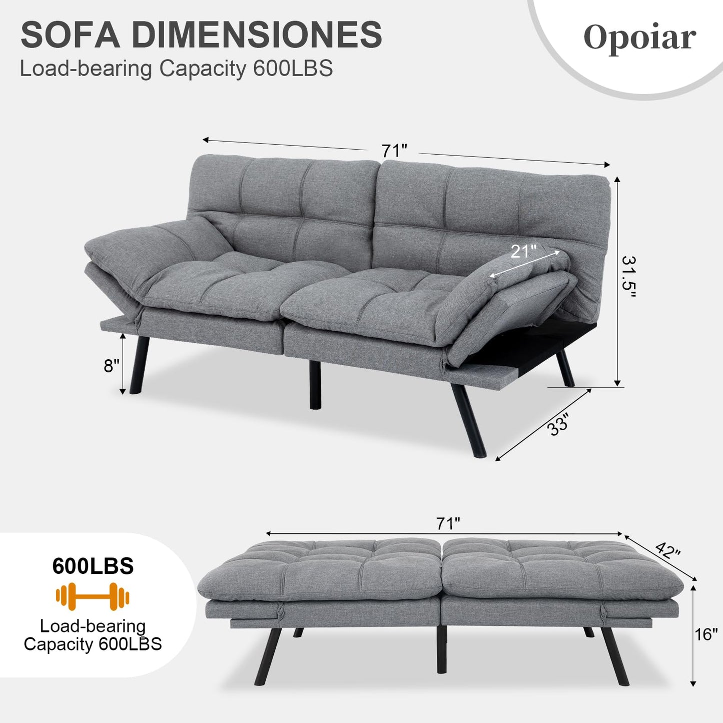 Opoiar Futon Sofa Bed Convertible Memory Foam Couch Bed Futon Sets Folding Modern Sleeper Sofa Gray Loveseat for Studio,Drom,Apartment,Game Room and Small Space