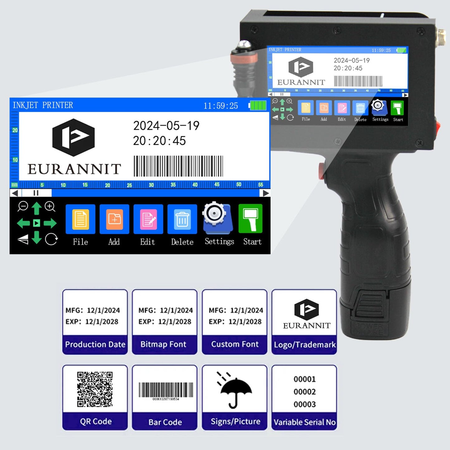 Eurannit E16-1 Handheld Inkjet Printer, 1" Portable Smart Printer with ER521 Original Fast-Drying Ink, 360° Date Coder Printing Machine for Text/Barcode/Number/Image/Date Printer for Any Surface