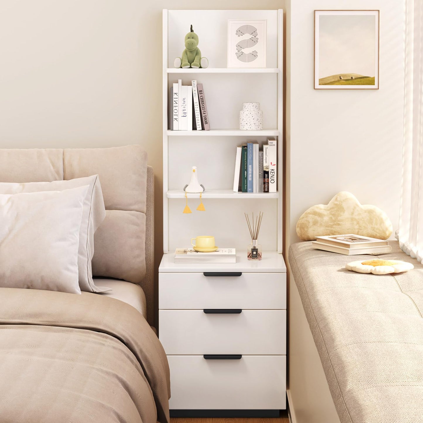 QEZEOM Tall Nightstand with Drawers & Open Shelves, 51.18" Bedside Storage Cabinet, Modern Free-Standing Bedroom End Table with Bookcase, Space-Saving, Easy Assembly, White