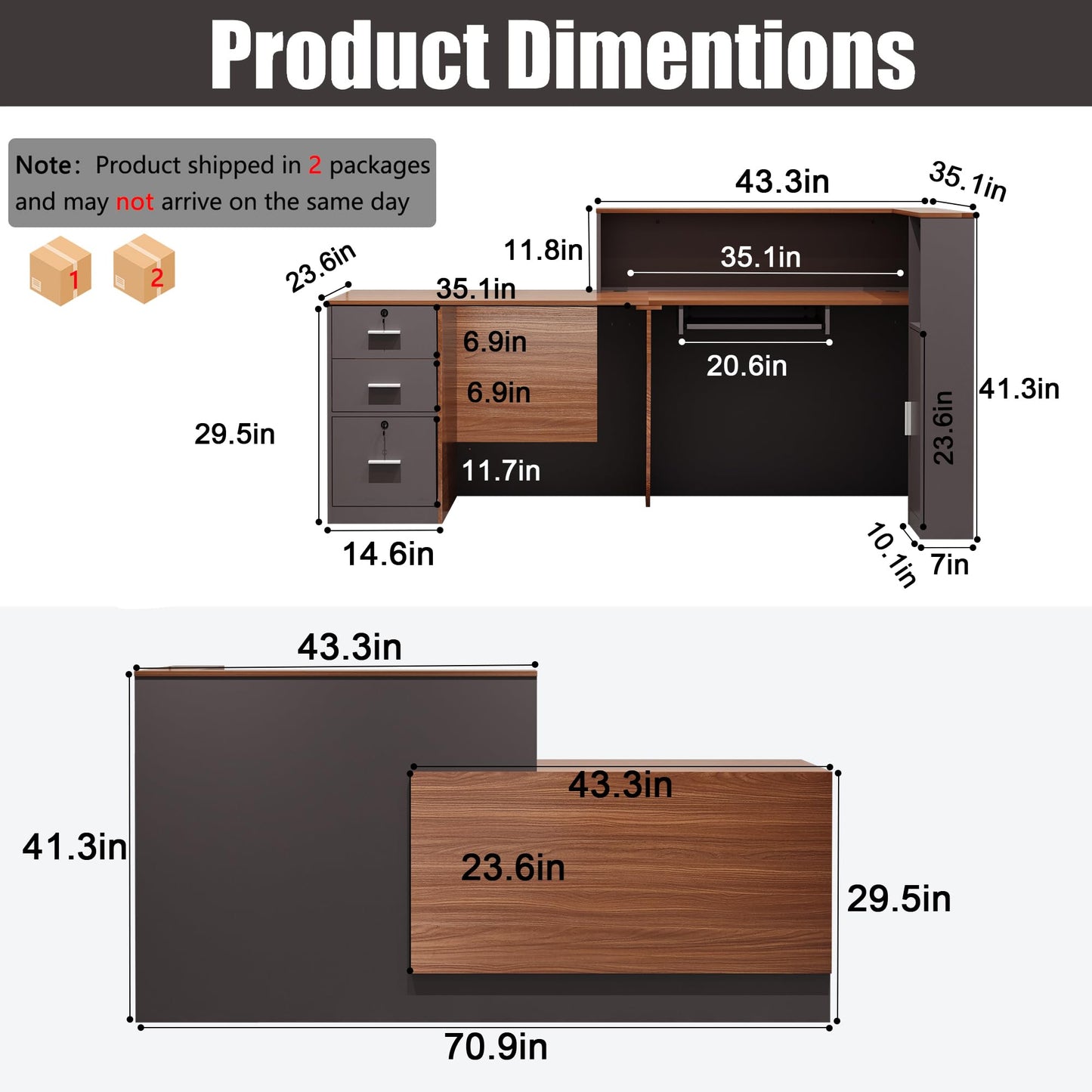 Zethvax L-Shaped Reception Desk,Large Front Desk with Keyboard Tray, Lockable Drawers & File Cabinet, Receptionist Desk for Checkout,Lobby (Left L-Walnut/Slate Gray, 71''L x 23.6''W x 41.3''H)