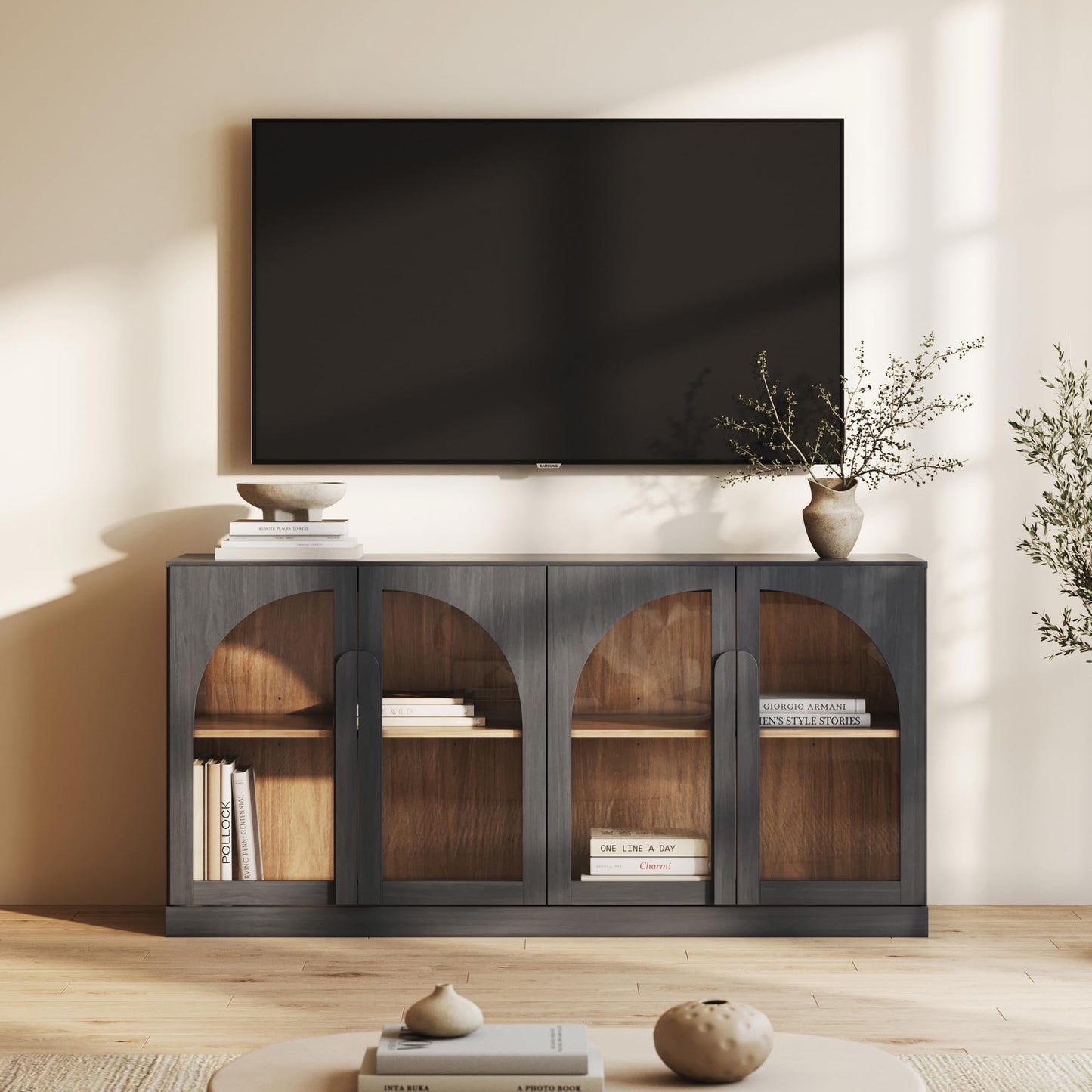 BELLEZE 64" Kitchen Storage Cabinet with Adjustable Shelves, Freestanding Accent Cabinet with Arched Glass Doors for Living Room, Dining Room, Entryway, Ebony
