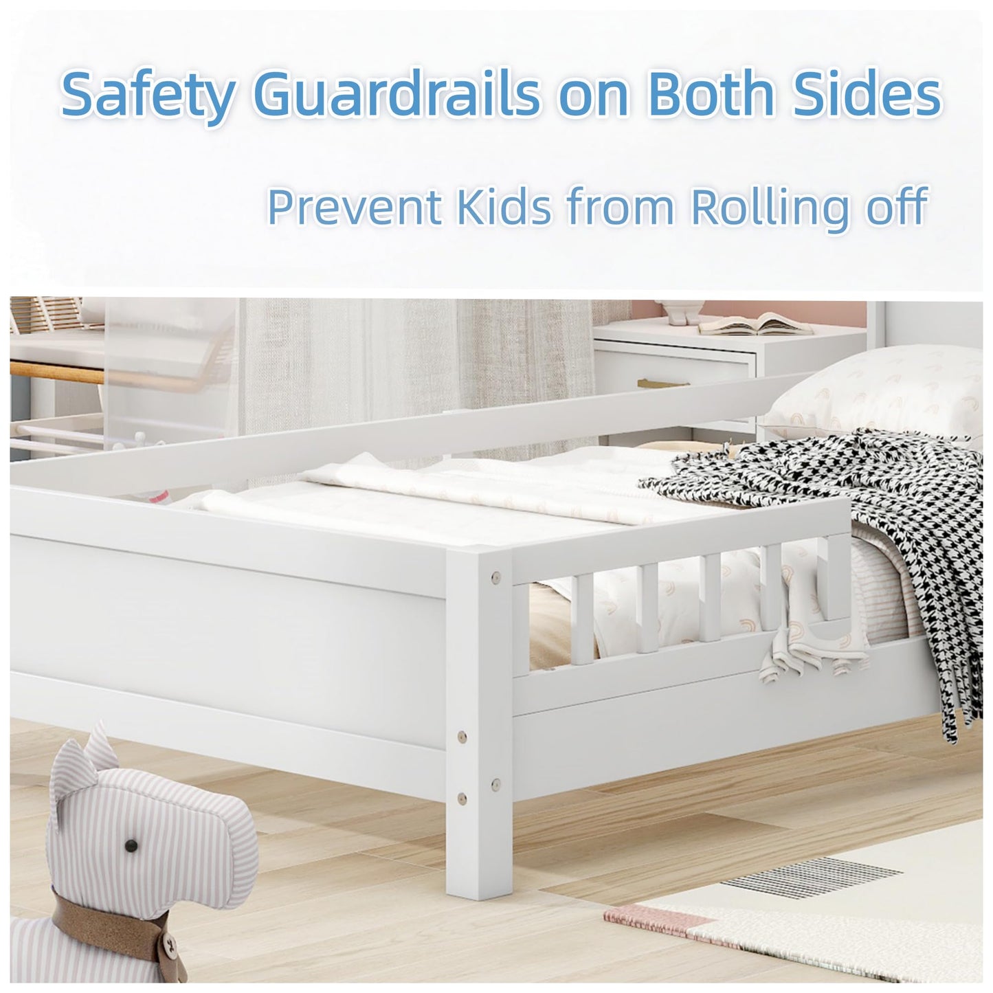 Merax Twin Bed Frame, Solid Wood Twin Size Platform Bed with Storage Headboard, Built-in Light and Safety Guardrail, Montessori Inspired Bed, No Box Spring Needed, White