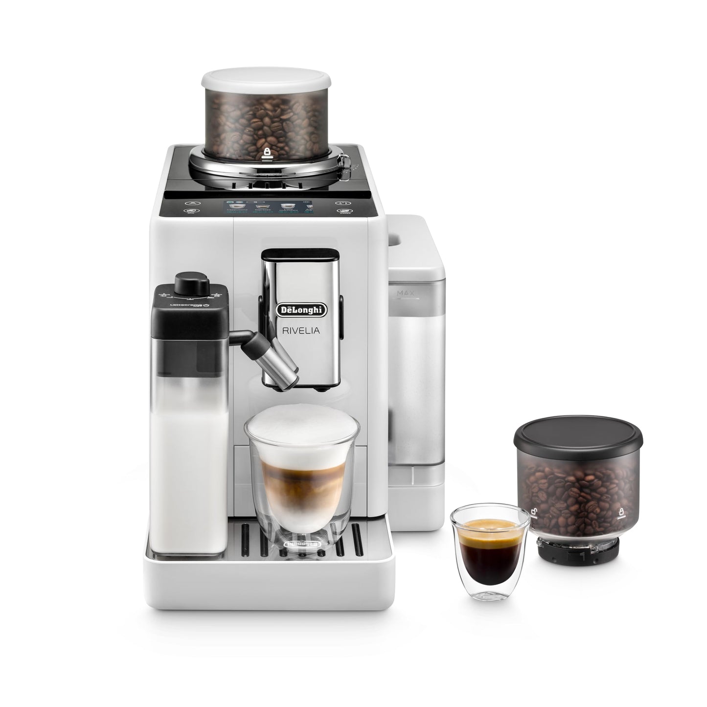 De'Longhi Rivelia Automatic Espresso Machine with Grinder & Milk Frother – All-in-One Coffee Maker, Hot & Iced Latte, Cappuccino, Bean Switch System, Burr Grinder, Compact Italian Design, White