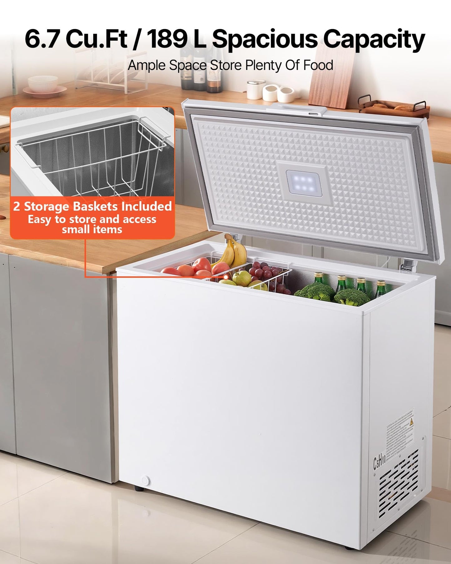 VEVOR Chest Freezer, 6.7 Cu.ft Compact Deep Freezer, Free Standing Top Open Door Chest Freezers with 2 Removable Baskets & Adjustable Thermostat - Energy Saving, Low Noise & Garage Ready, White