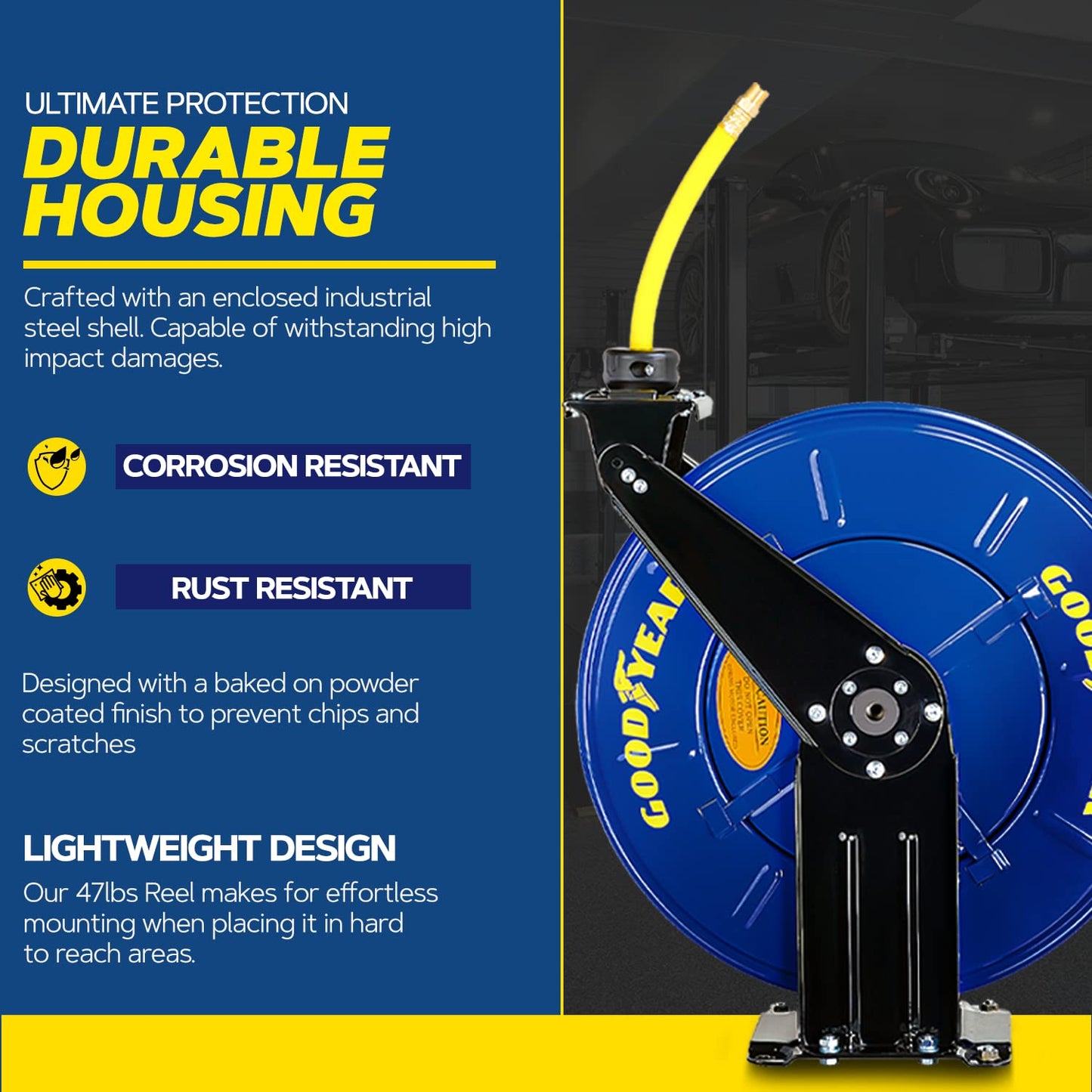 Goodyear Air Hose Reel Retractable 1/2" Inch x 50' Foot Long Premium Commercial Driven Sbr Hose Max 300 Psi Reinforced Steel Construction Heavy Duty Retractable Spring Industrial Dual Arm and Pedestal