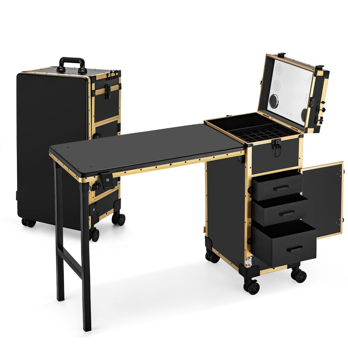 ZhenGuiRu Portable Manicure Table 3 Drawers, Rolling Lockable Makeup Train Case with Blueteeth Speaker and Nail Polish Organizer, Foldable Nail Desk with Mirror & TSA Lock for Nail Tech and Salon Use