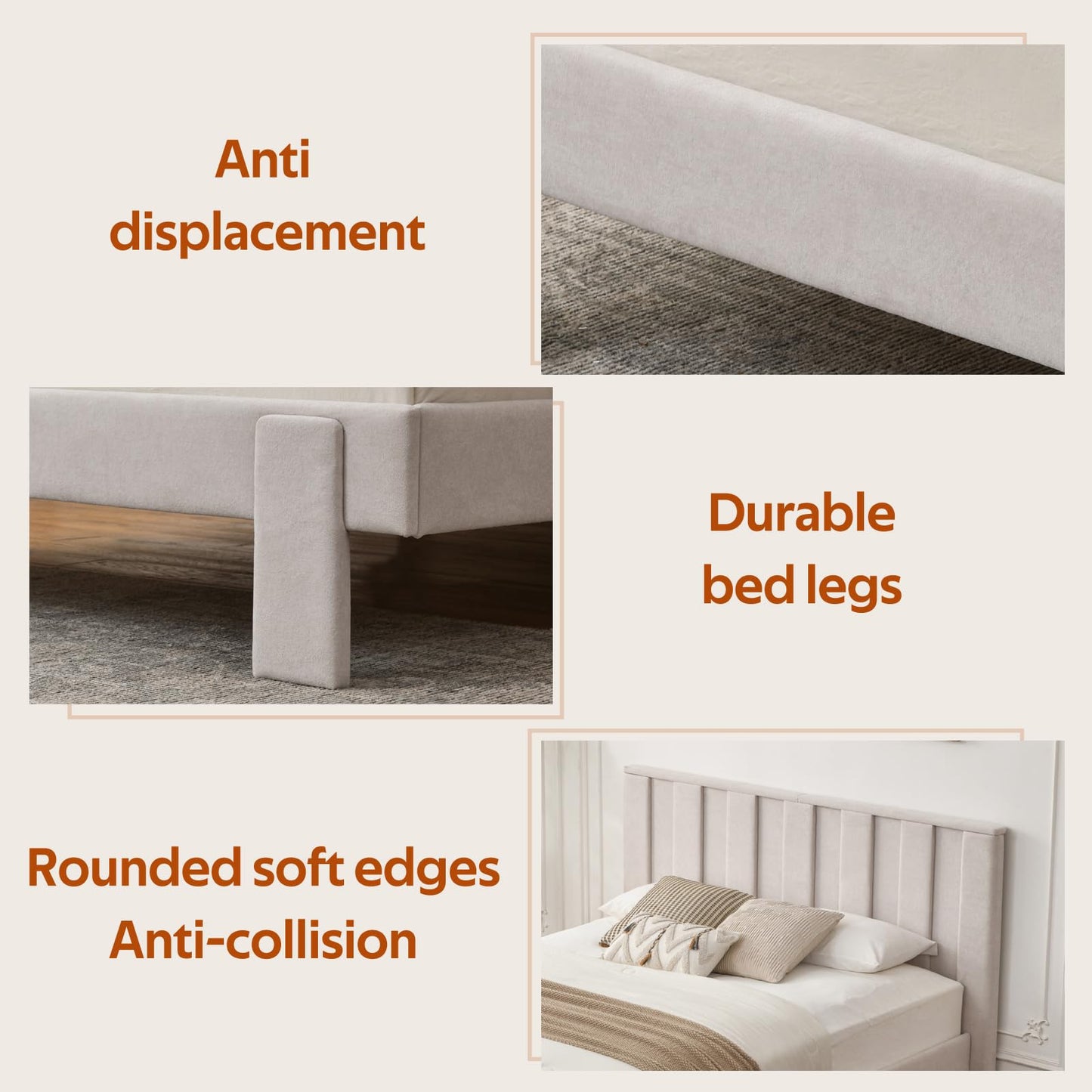 PINJU Sturdy Upholstered Platform Bed Frame with Vertical Channel Tufted Headboard, No Box Spring Needed, Easy Assembly, Noise-Free Bed Frame for Bedroom (Cream, Full)