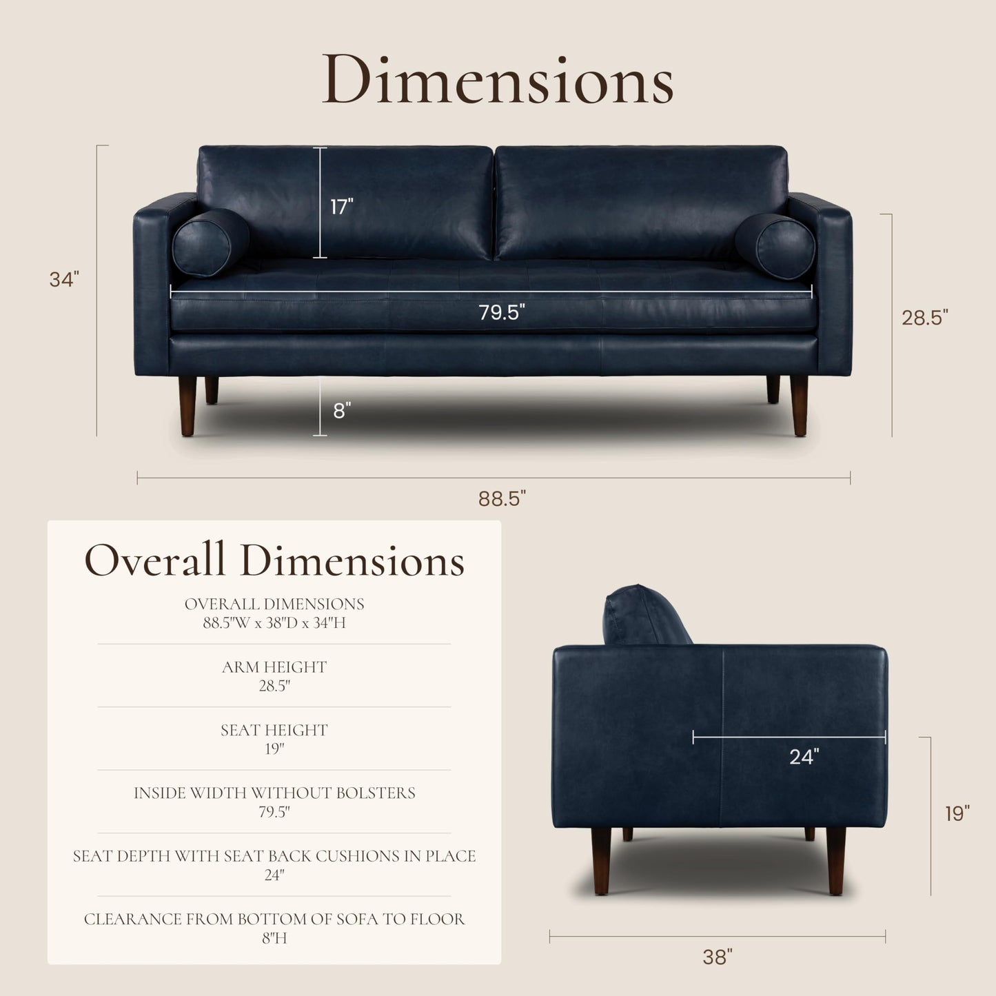 Poly & BARK Napa 88.5" Leather Sofa – Full-Grain Italian-Tanned Aniline Leather, Feather-Down Comfort, Solid Wood Frame, Walnut Legs, Midnight Blue