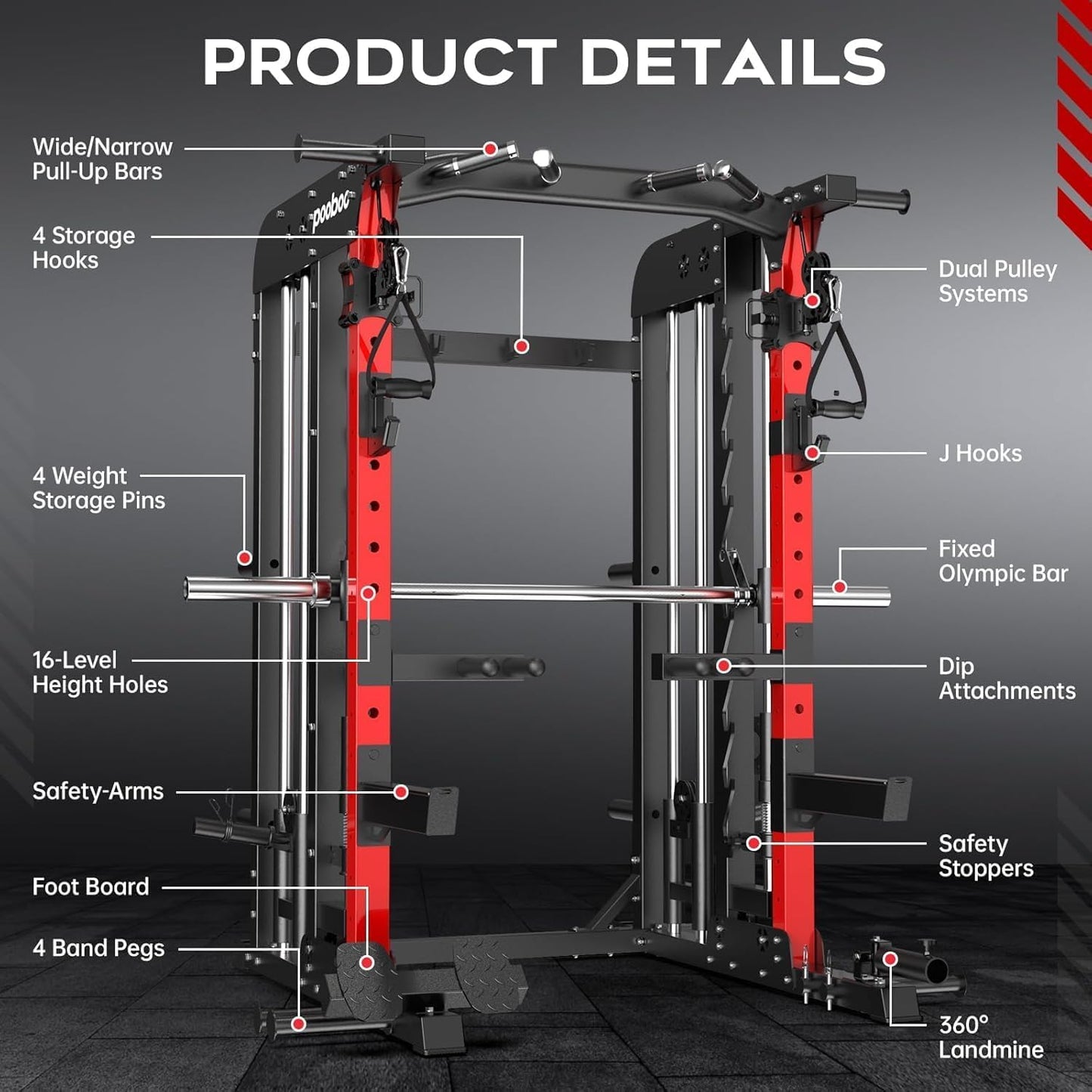 pooboo Multi-Functional Machine Power Cage, 2000LB Squat Rack, LAT-Pull Down System, Dual Pulley Cable Crossover System, Home Gym Workout Machine with Strength Training Attachments (P43 Pro)