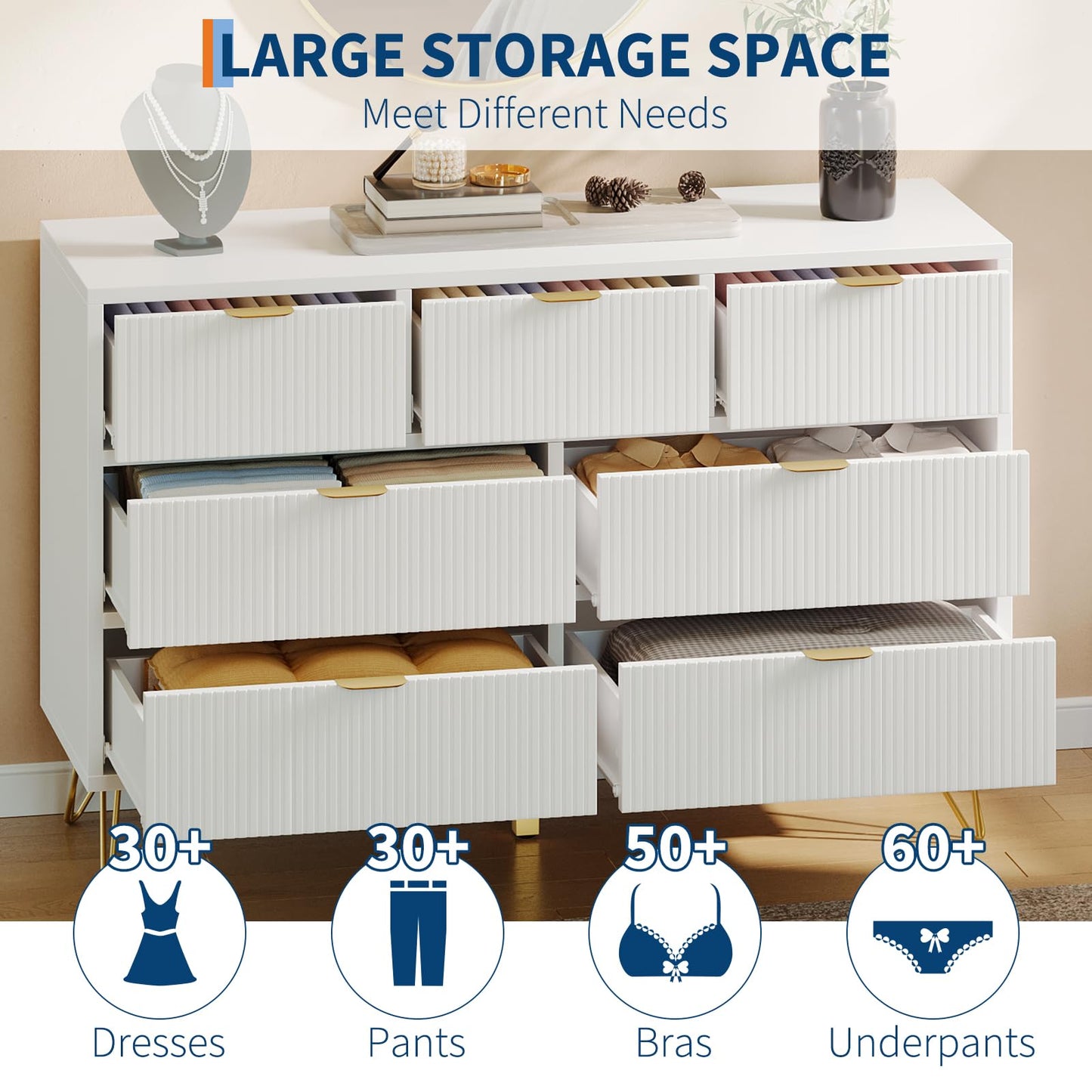 7 Drawer Dresser, 47.2" Wide Modern White Dresser for Bedroom, Wooden Chest of Drawer with Gold Metal Legs and Handles, Narrow Entryway Table Storage Organizer for Living Room, Hallway, Entryway