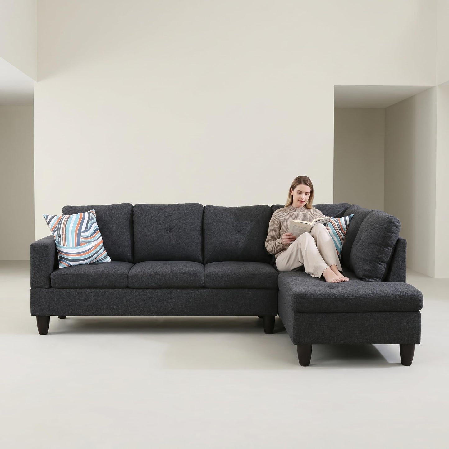 NicBex 97" L Shaped Couch Sectional Couches for Living Room, 2-Piece Linen Modular Sofa with Movable Chaise & Deep Seat for Apartment, Bedroom, Office, Black Grey