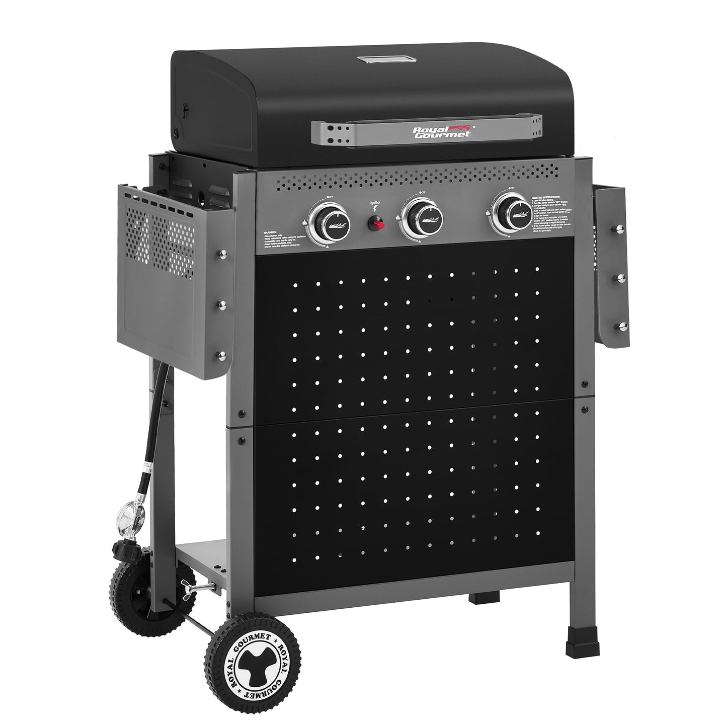 Royal Gourmet GL3001 3-Burner Gas Grill with Pegboard, 420 Sq. In. Cooking Area, 19,500 BTU, Foldable Side Shelves with Hooks, Two Large Wheels, Ideal for Backyard and Patio, Black & Cool Gray