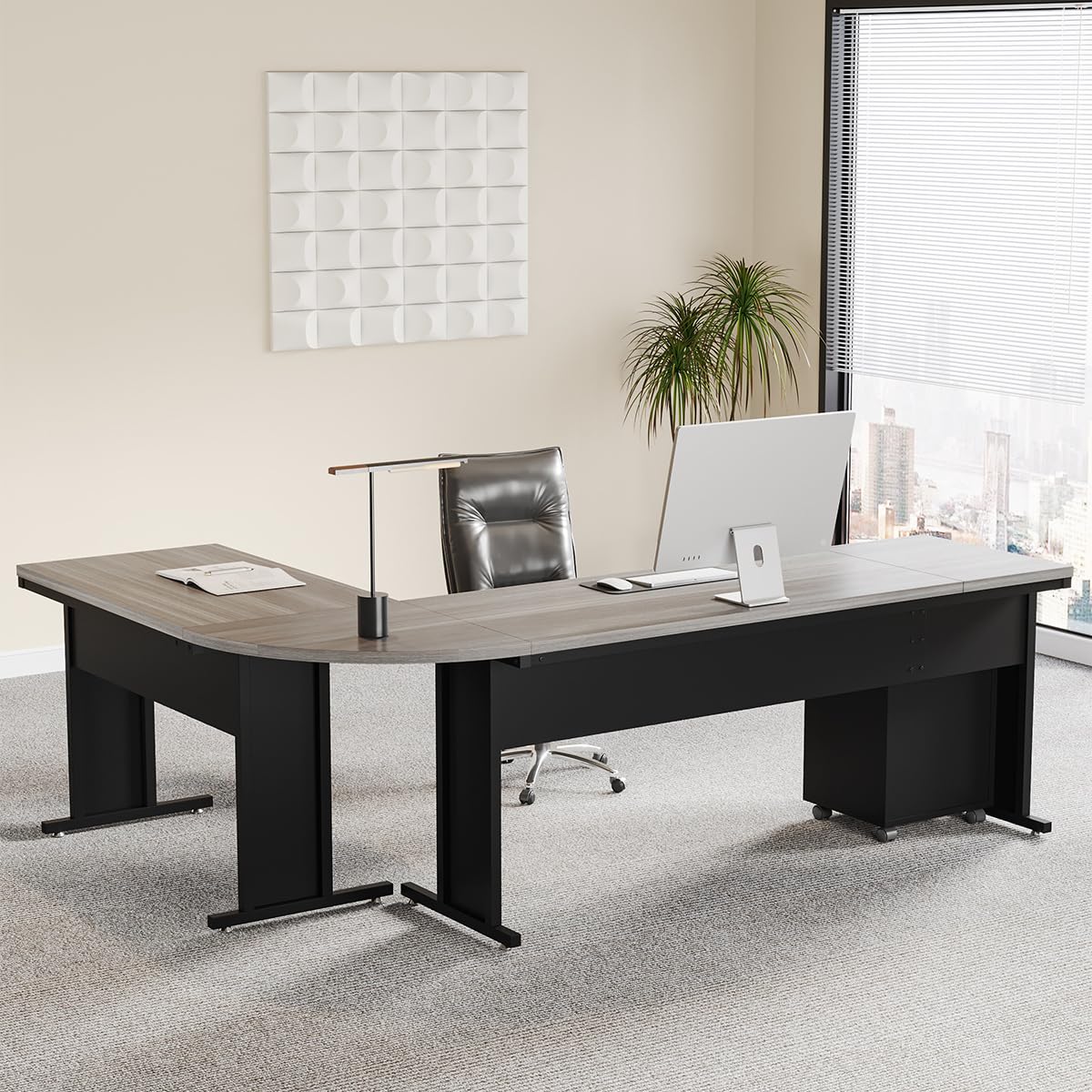 Tribesigns 83" L-Shaped Executive Desk, Large Office Desk with Drawes, Industrial Corner Computer Table with File Cabinet, Business Workstation for Home Office (Gray, 83")