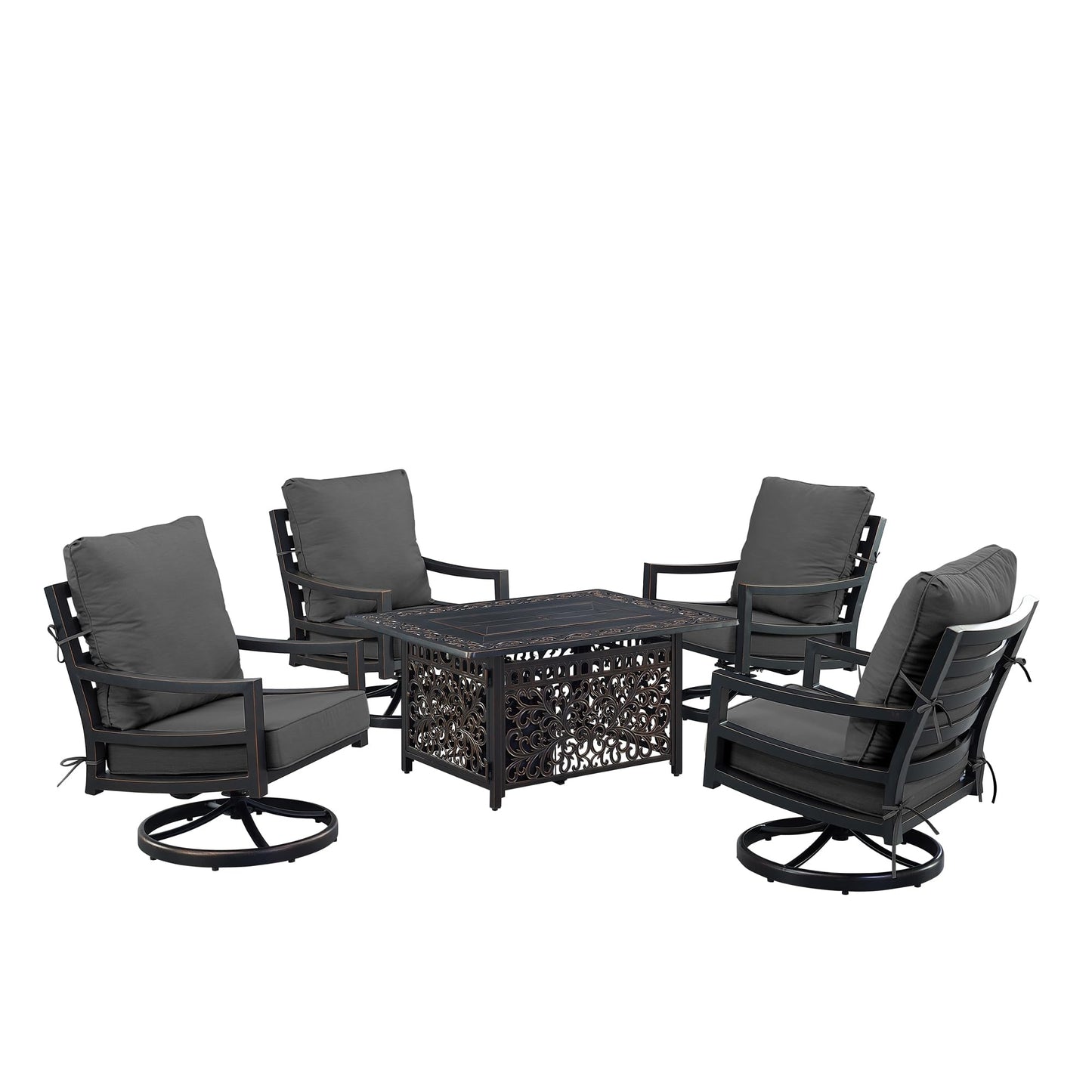 Oakland Living Black Aluminum Patio Fire Table Set with Four Club Chairs with Black Cushions