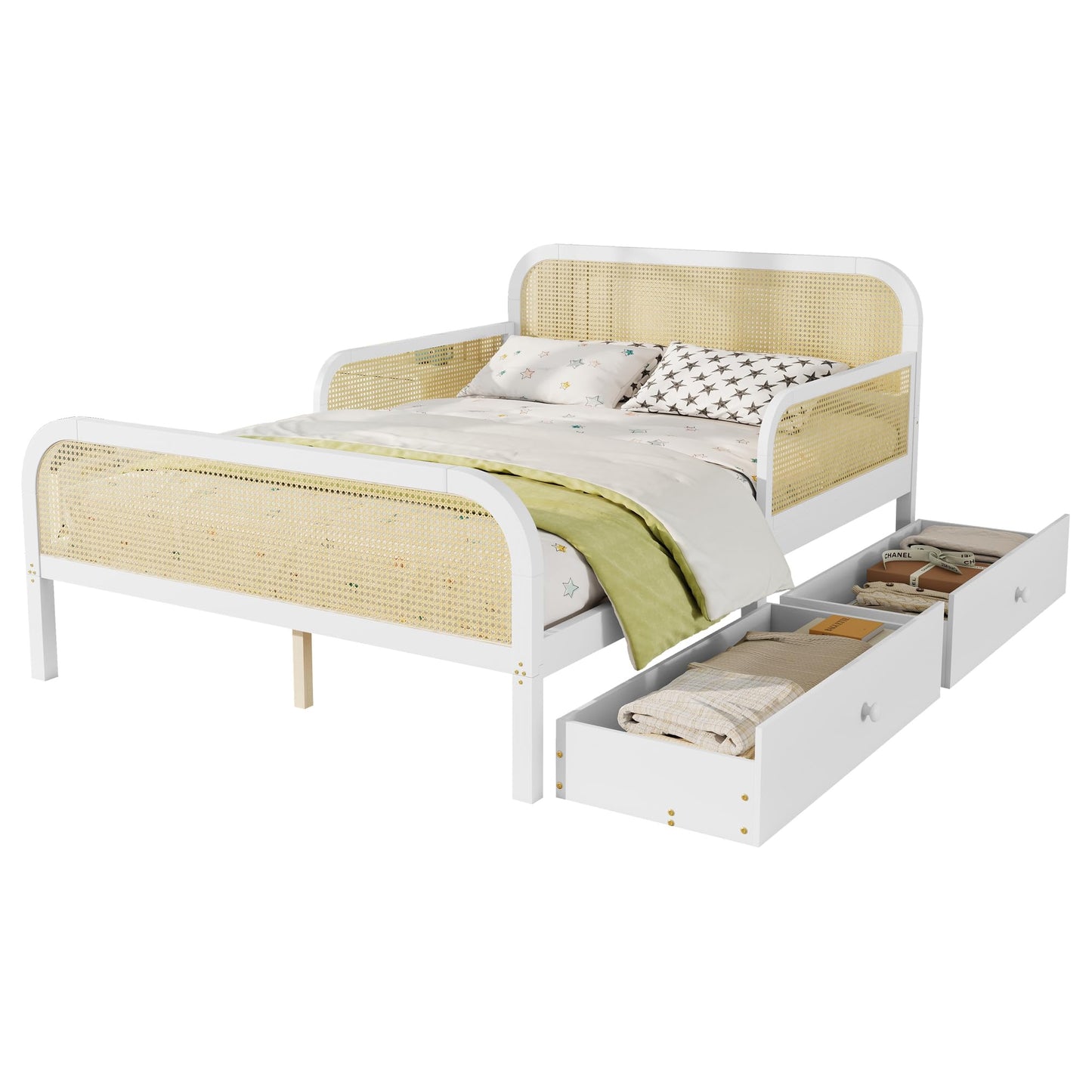 KEIKI Full Size Pine Wood Platform Bed Frame with 2 Storage Drawers & Headboard & Footboard, for Boys and Girls, Rattan Bed with Solid Slat, No Box Spring Required, Easy Assembly, for Bedroom, White