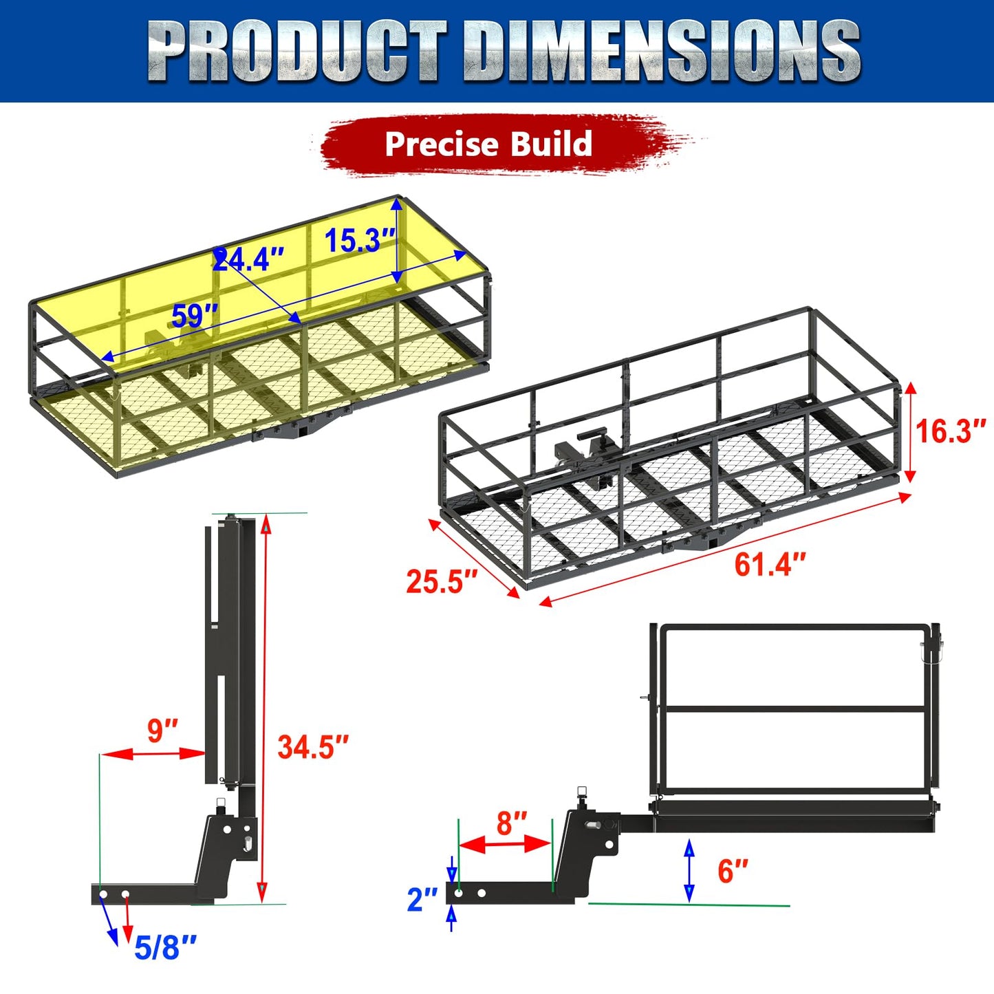 Foldable Hitch Mount Cargo Carrier Basket 61" x 25" x 16" for 2 Inch Hitches Receiver, 500 Lbs Capacity, Easy Folding, Multiple-Tightener Anti Rattle Design, High Ground Clearance, Trailer Pin Lock
