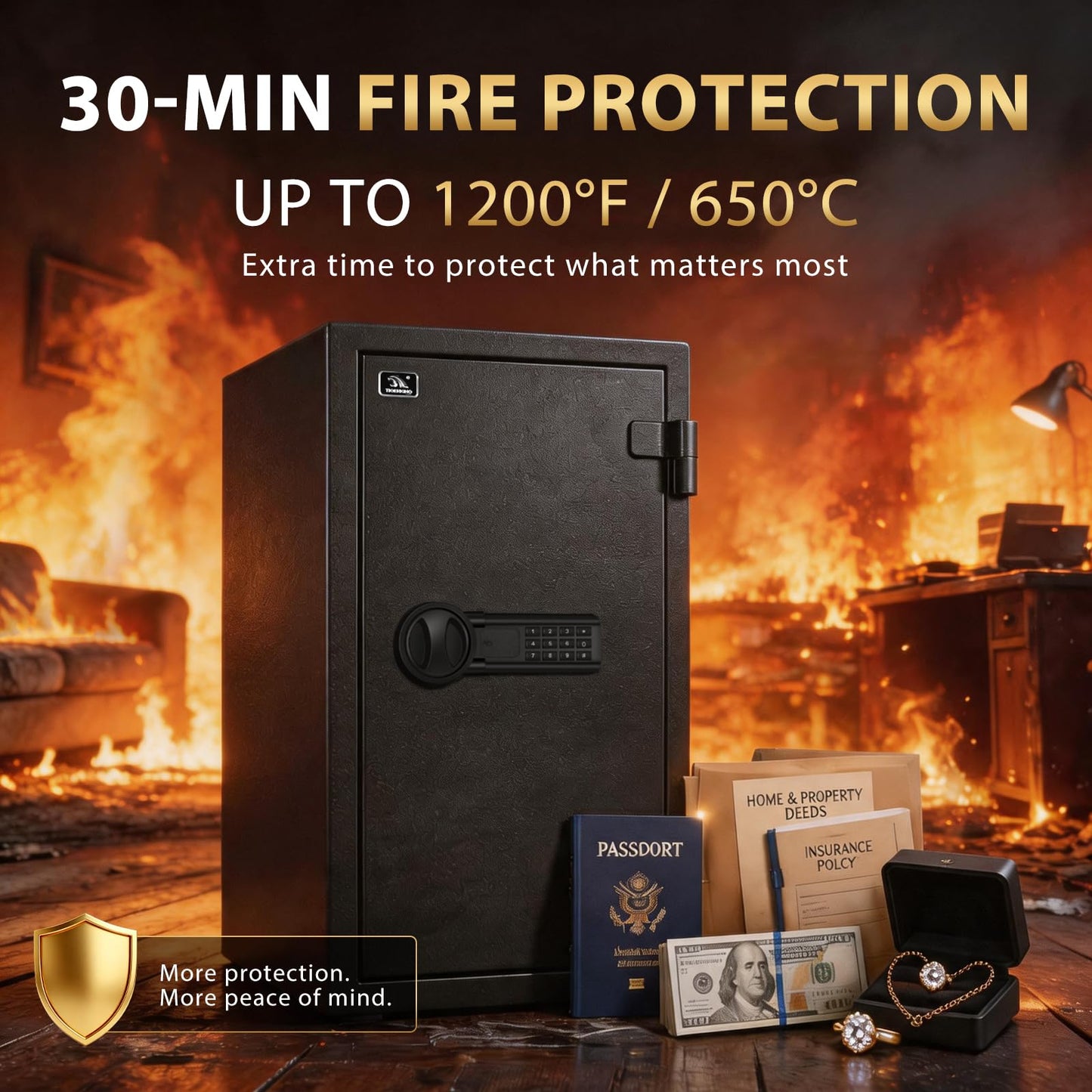 TIGERKING Fireproof Safe for Home Office, 3.47 Cu Ft Heavy Steel Security Safe with 30-Min Fire Protection at 1200°F, Digital Keypad Lock, Removable Shelves for Documents Cash Jewelry