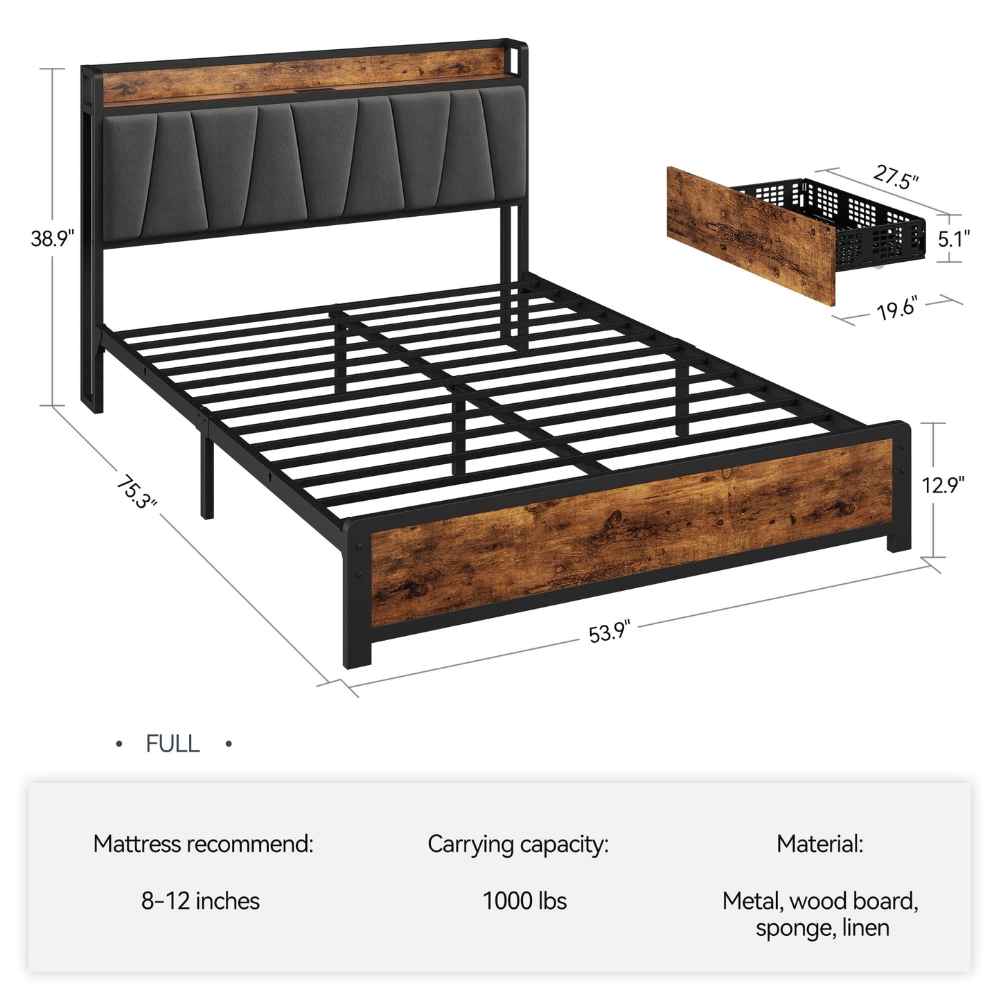 GarveeHome Full Size Bed Frame with Storage Linen Upholstered Headboard, 4 Drawers Platform Bed Frame with Charging Station, No Box Spring Needed, Easy Assembly, Rustic Brown