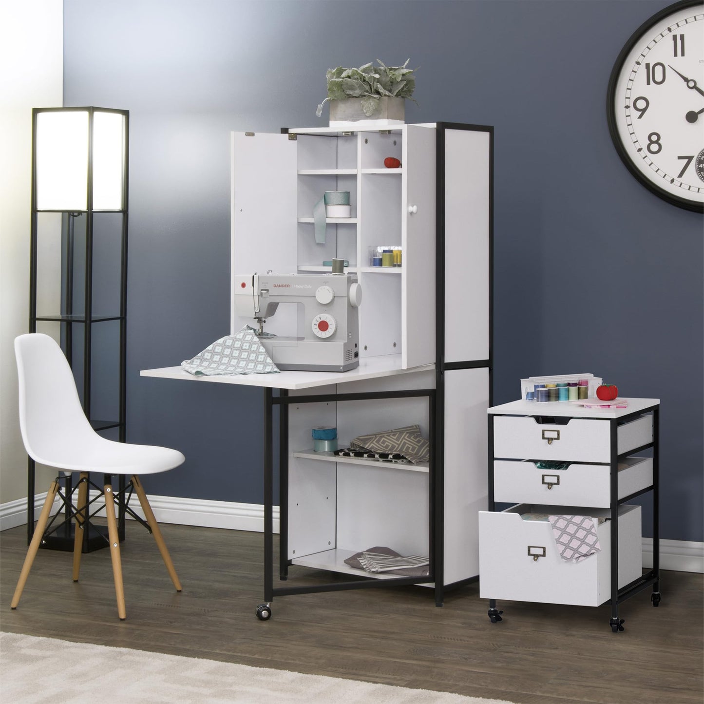 Sew Ready Folding Craft Armoire Cabinet, 59" Tall Multipurpose Workstation with Drop-Leaf Table and Powder-Coated Steel Frame, Charcoal/White