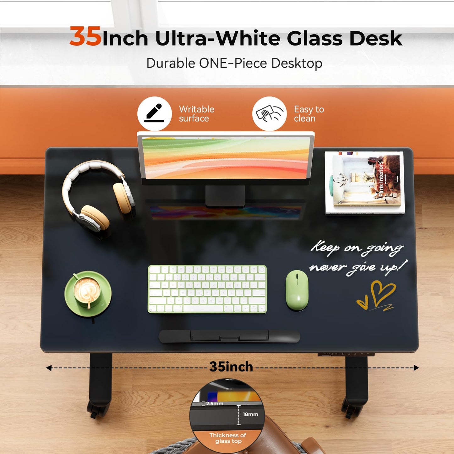 Liftsync Glass Standing Desk，35inch Whole Piece Rolling Sit Stand Table with Wheels，90° Tiltable Mobile Rising Height Adjustable，Foldable Top Suit for Small Laptop，Black