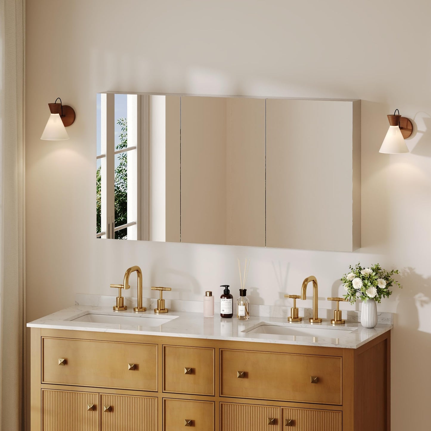 DeerValley Pre-Assembled Medicine Cabinet with Mirror, 48" W x 26" H Bathroom Mirror with Storage, 3 Doors Frameless Modern Wall Mount Mirrored Medicine Cabinets with 2 Adjustable Shelves DV-1MC0149