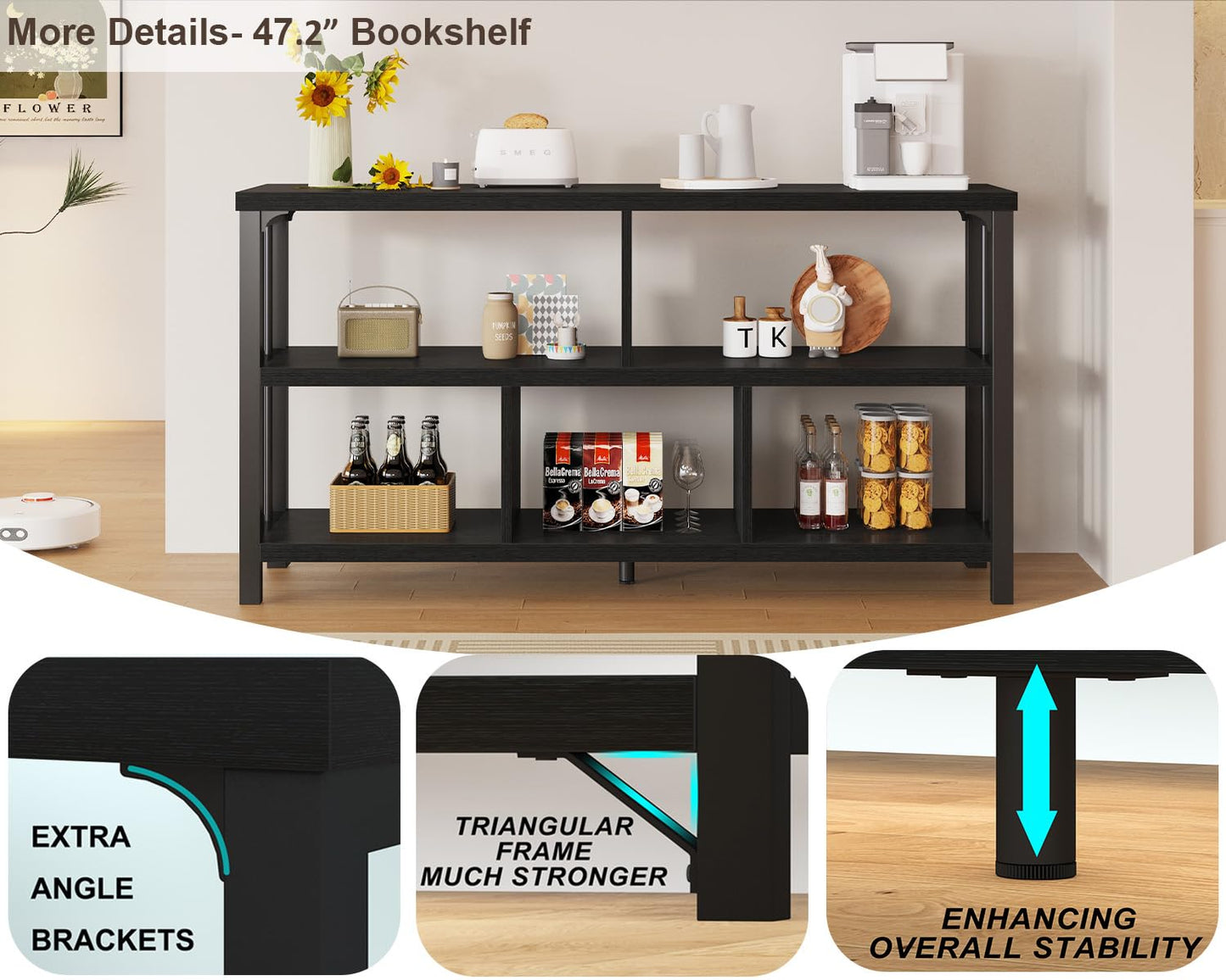 IBF Horizontal Cube Book shelf, Industrial Modern Open Bookshelf, Low Wide Home 5 Cube Storage Organizer Long Shelf for Bedroom, Short Wood and Metal Cubby Book Shelf for Living Room, Black Oak, 47 In