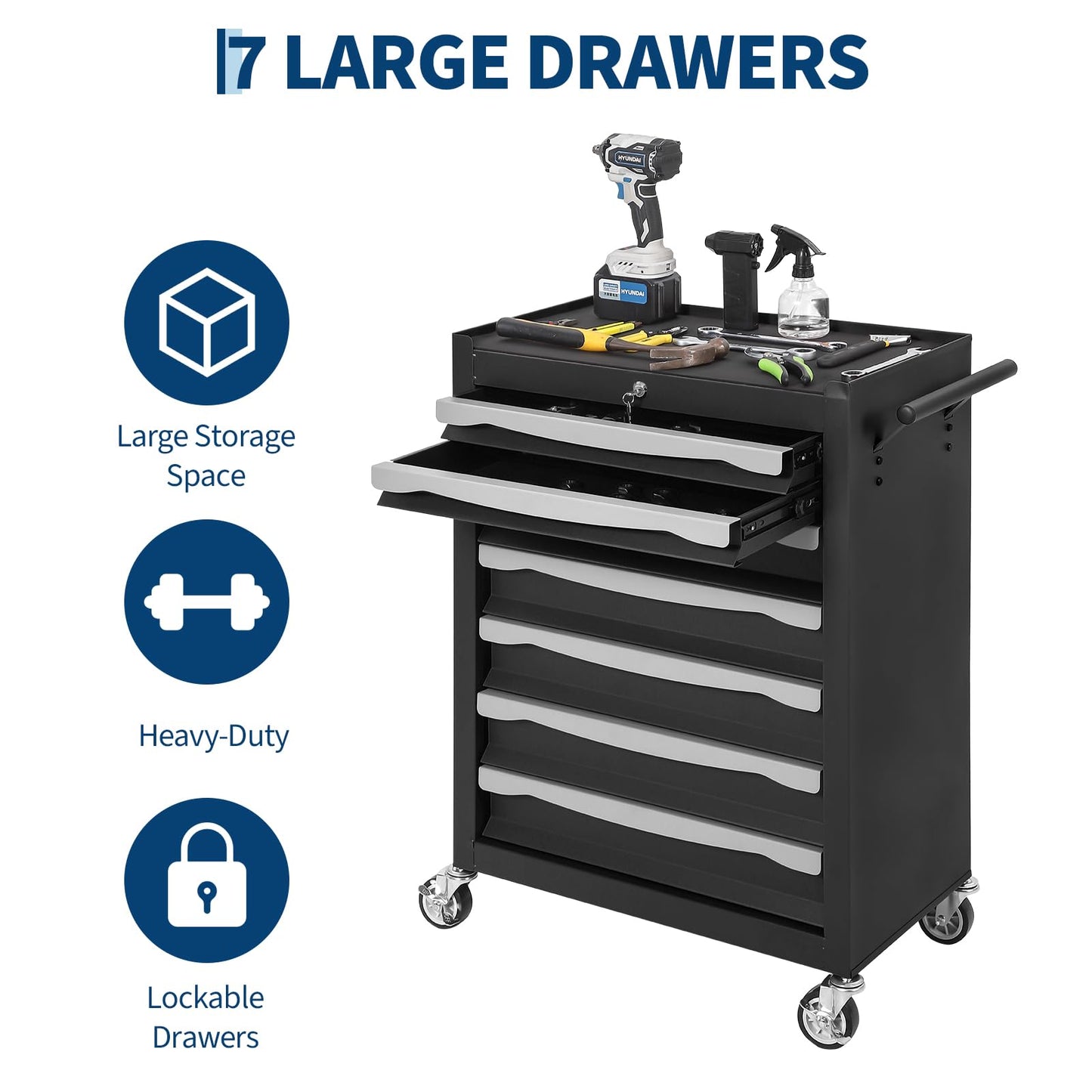 7-Drawer Tool Chest, Rolling Tool Cart with Wheels, Large Capacity Tool Storage Cabinet with Keyed Locking,Drawer Liners&Link Buckle, for Garage, Workshop, Warehouse,24.21"L * 13.78"W * 34.06"H Black