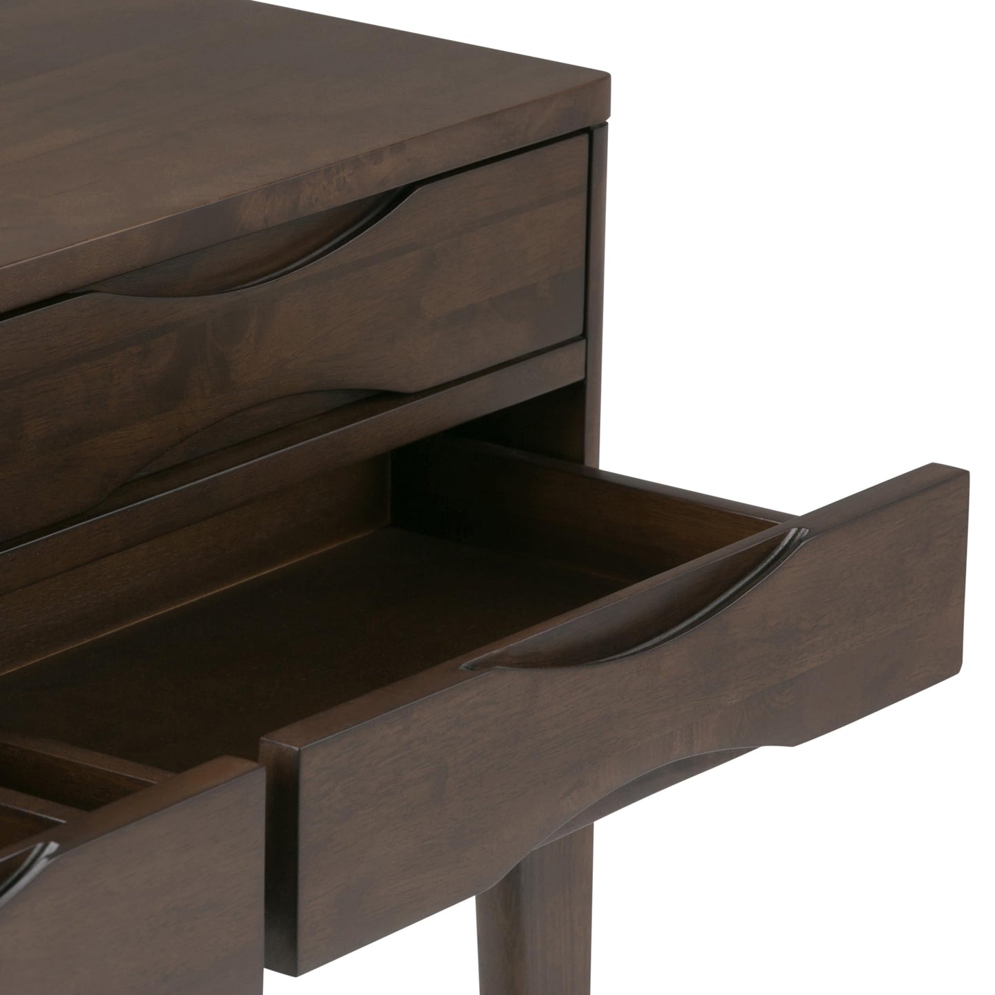 SIMPLIHOME Harper Console Table - 40 Inch Wide Solid Hardwood Sofa Table in Walnut Brown, Mid-Century Modern Storage Table for Entryway or Living Room with 4 Drawers, Notched Handles, and Tapered Legs