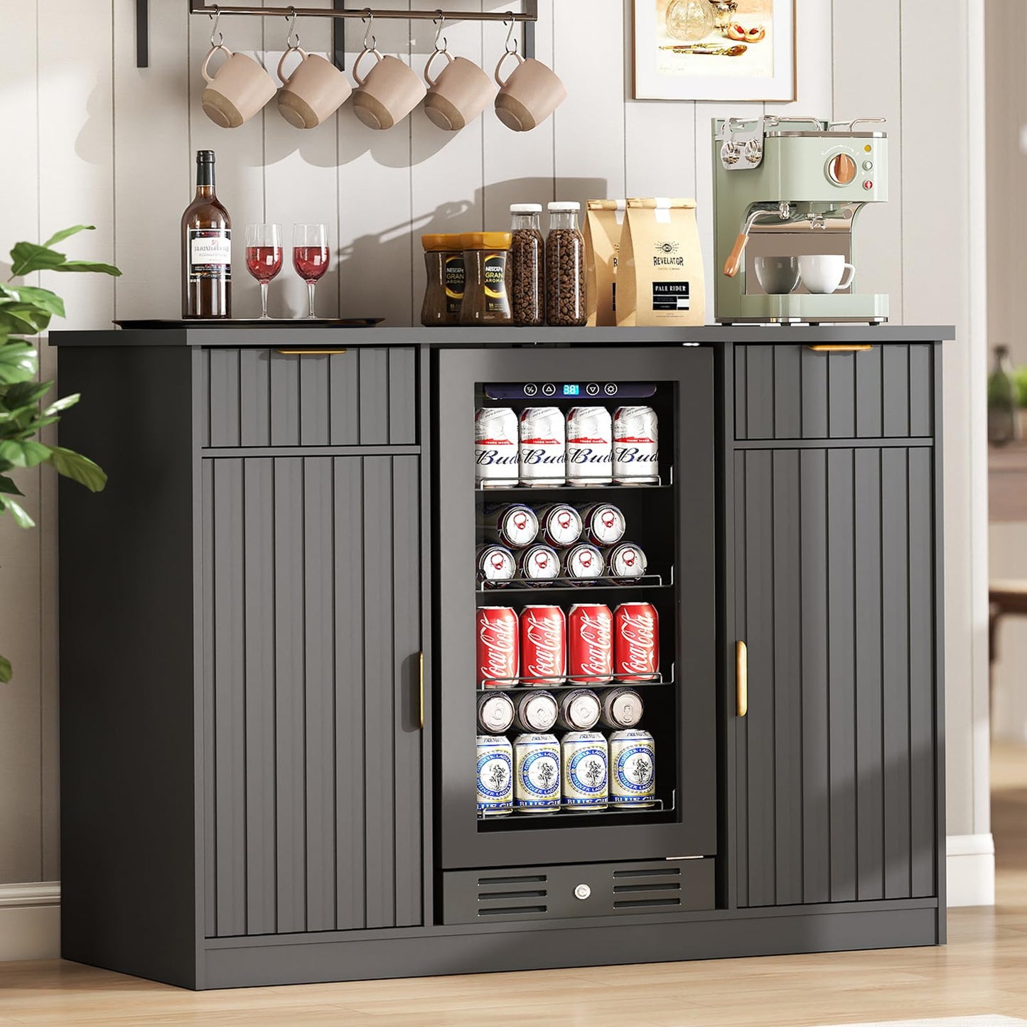 Lamtor Coffee Bar Cabinet with Storage - 53" Mini Fridge Cabinet with Power Outlet, Fluted Wine Bar with Drawer & Door Storage for Kitchen Dining Room, Black