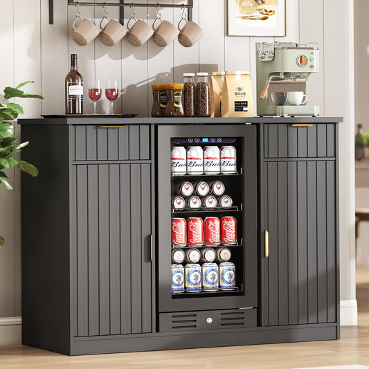 Lamtor Coffee Bar Cabinet with Storage - 53" Mini Fridge Cabinet with Power Outlet, Fluted Wine Bar with Drawer & Door Storage for Kitchen Dining Room, Black