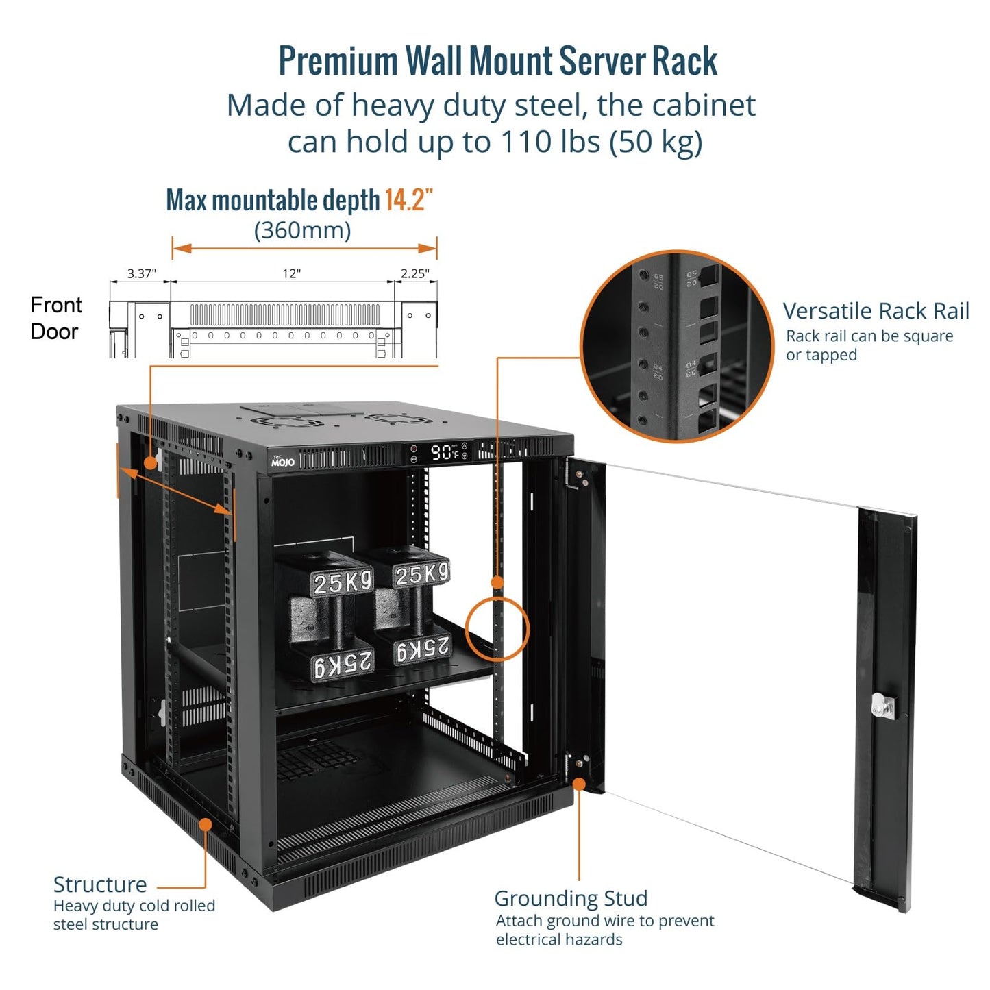 Tecmojo 12U Wall Mount Rack with Thermostat, 17.7inch Depth Enclosed Server Cabinet with 2 Cooling Fans,Lockable Door & Hardware,12U Rack for 19inch Equipments,Glass Door
