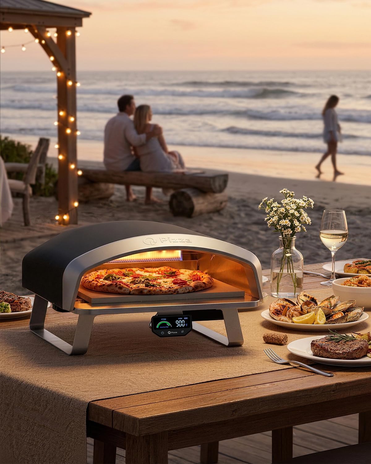Q Pizza Propane Gas Pizza Oven with 16" Baking Stone for Bigger Size Pizzas & More Food, Outdoor Portable Pizza Stove with Thermometer for Patio Backyard Camping Tailgating, PS110