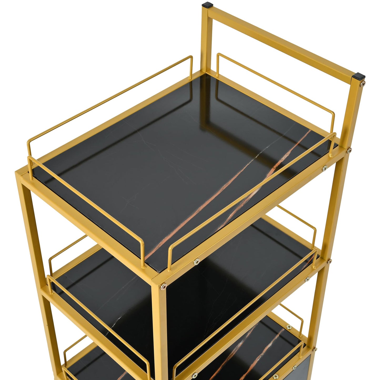 Beauty Salon Cart with Lockable Wheels 3-Tier Rolling Makeup Cart Organizer Esthetician Cart with Drawer Marbled Board for Nail Skincare and Barber Supplies Black and Gold