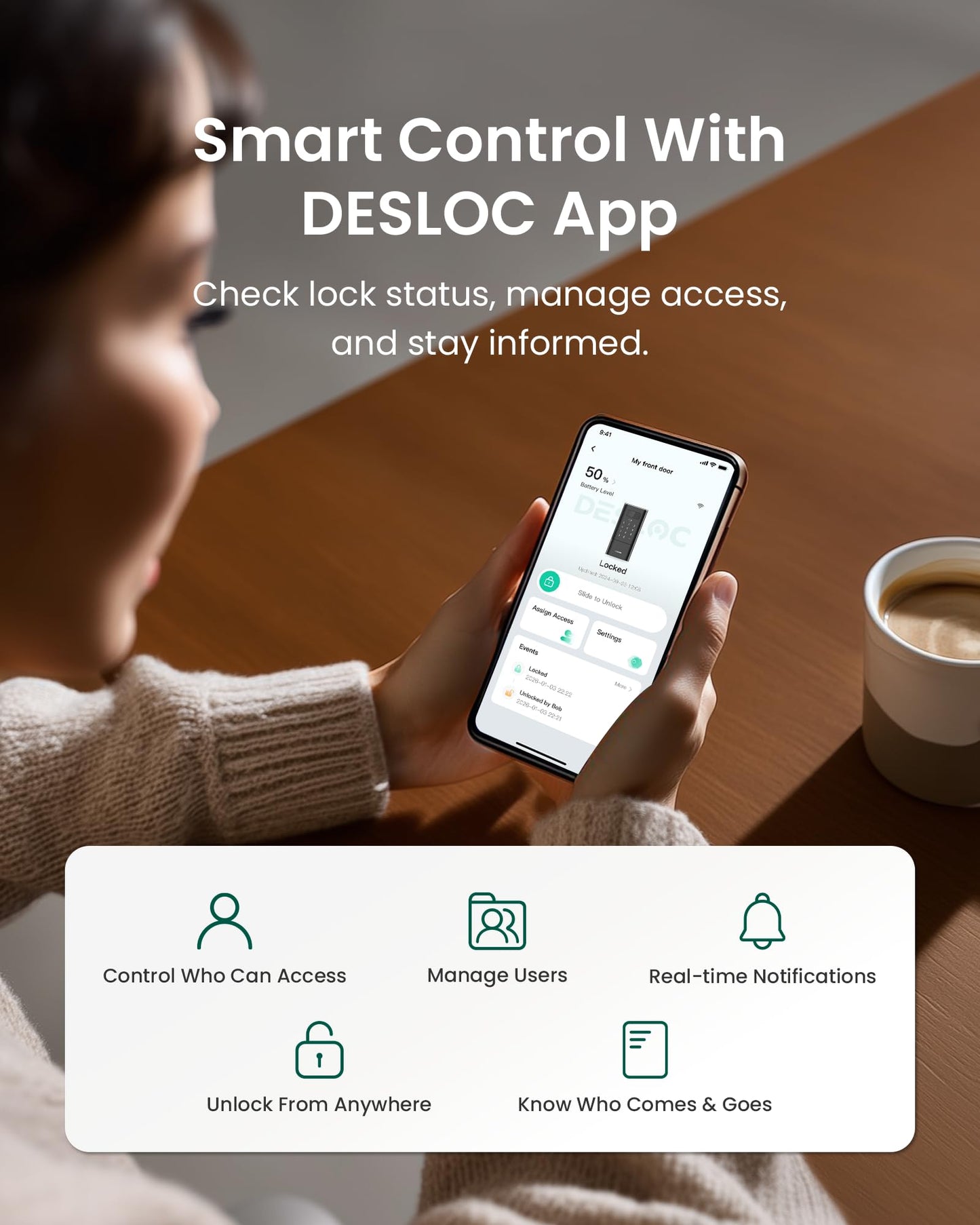 DESLOC Smart Lock K140 Plus with Palm Vein Recognition, Keyless Entry Door Lock with Keypad Deadbolt, App Control, Auto Lock Digital Door Lock for Front Door with Mechanical Key Backup, Black