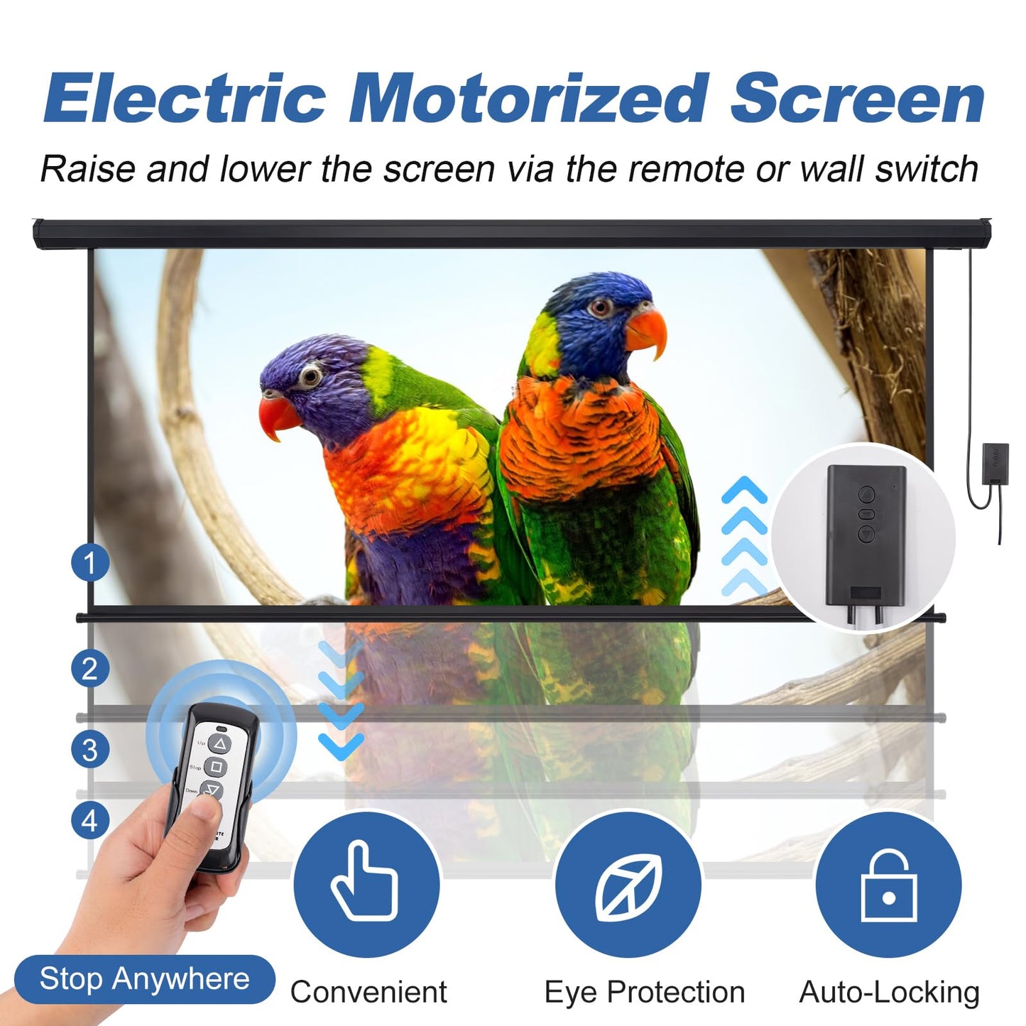 120 Inch Projector Screen Motorized 4:3 HD Electric Rising Projector Screen Pull Down with Remote, Black Automatic Projection Screens Retractable Wall Mount Ceiling Movie Screens Outdoor Indoor