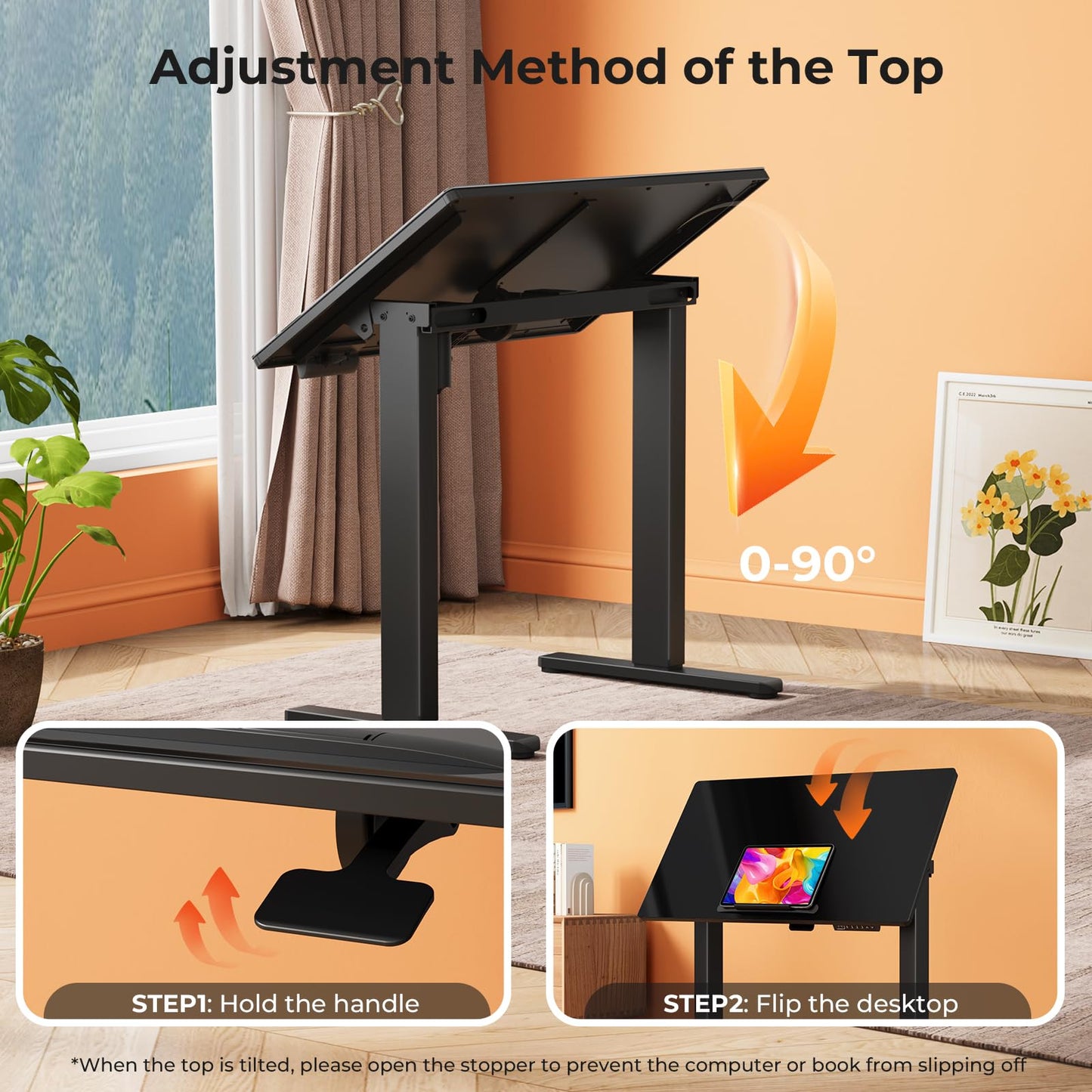 Liftsync Glass Standing Desk，35inch Whole Piece Rolling Sit Stand Table with Wheels，90° Tiltable Mobile Rising Height Adjustable，Foldable Top Suit for Small Laptop，Black