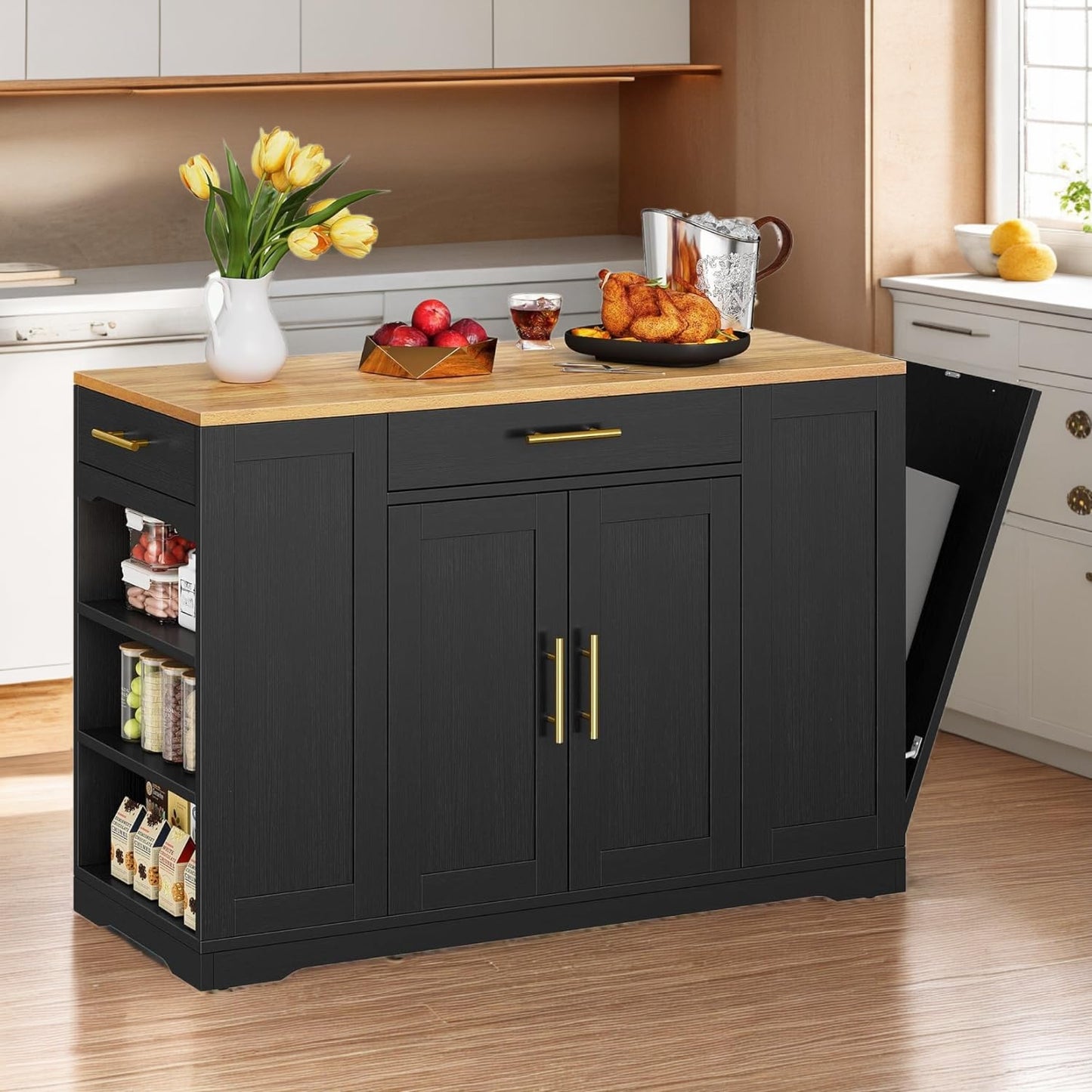 YITAHOME 53 inch Large Rolling Kitchen Island with Trash Can Storage Cabinet, Portable Mobile Islands Table Long Floating Movable w Wheels Cabinet for 13 Gallon Garbage Bin 2 Drawer, Navy Blue