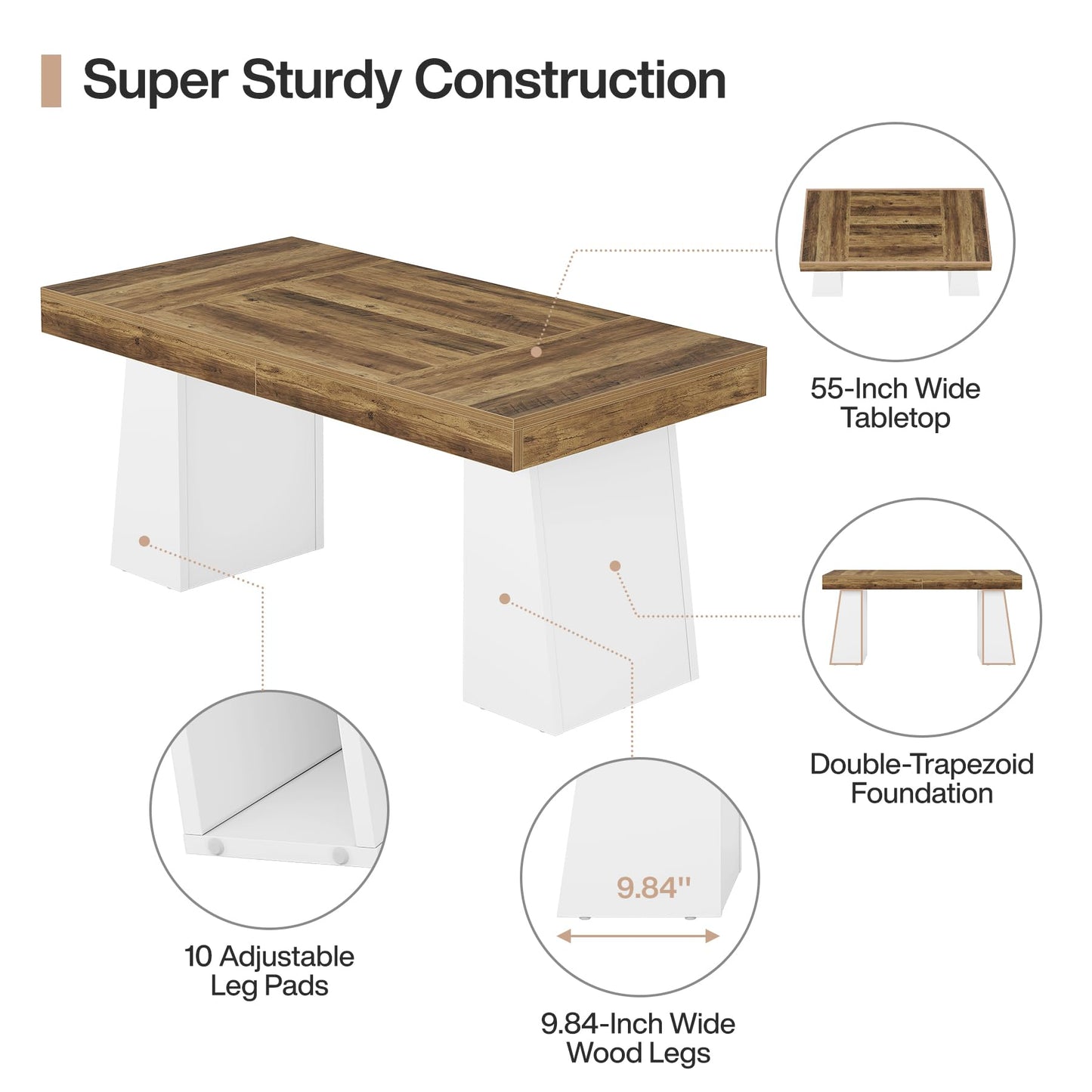 Tribesigns 55" Executive Desk, Wooden Office Desk with Double Pedestal, Modern Simple Computer Writing Table for Home Office, Brown & White