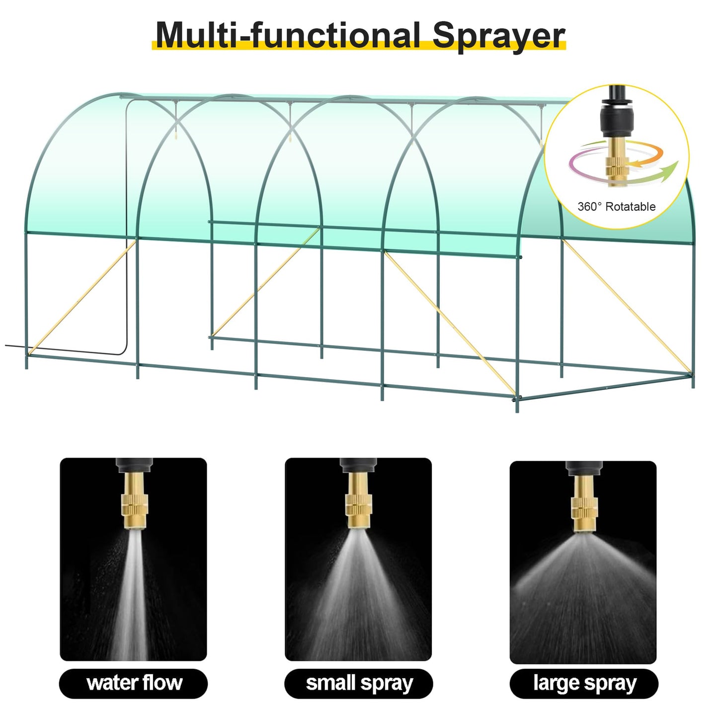 GOJOOASIS Greenhouse with Water System Outdoor Green House for Outside Winter Heavy Duty Large Walk-in Tunnel Portable Greenhouses for Backyard Plants Shed (15'x7'x7' w/ Irrigation System)