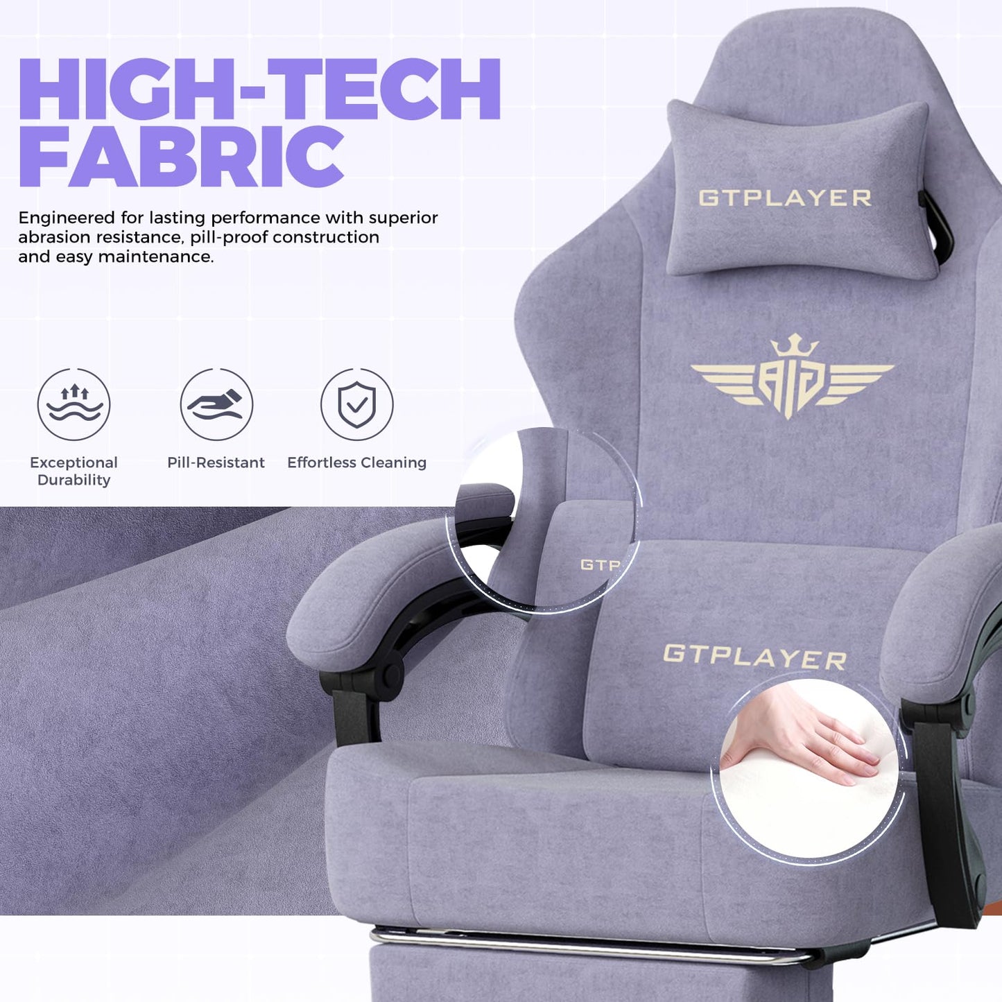 GTPLAYER Gaming Chair with Pocket Spring Cushion, High Back Ergonomic Computer Chair with Footrest for Adults Lumbar Support Swivel Game Chair for Office Gaming 350LBS, Fabric Macaron Purple