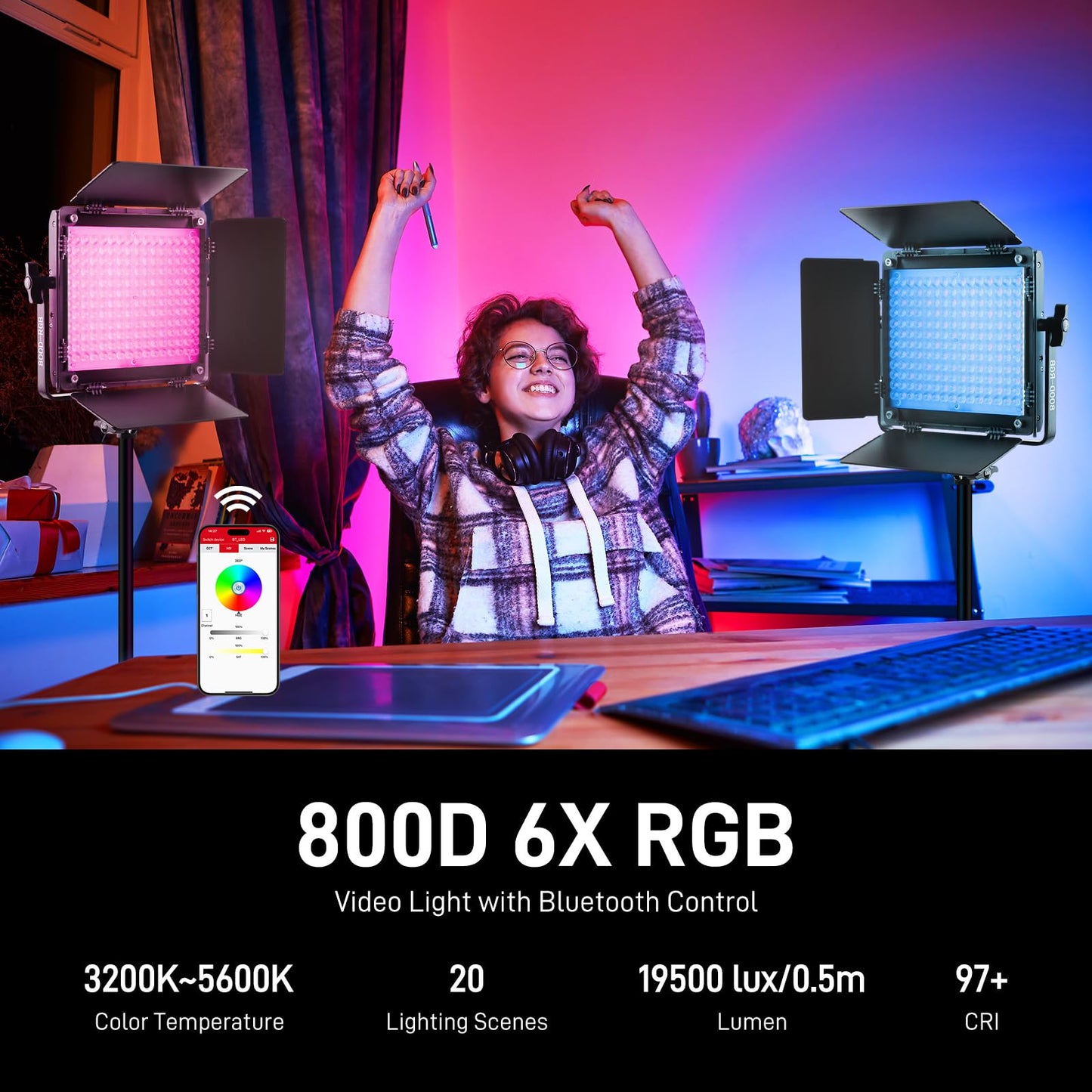 GVM RGB LED Video Light Kits, 800D 6X Upgraded Studio Lights with Optical Lens, Photography Lighting with 20 Scene Modes, Panel Lights with 19500 Lux/0.5m, Content, Filming, Portable, 3 Packs