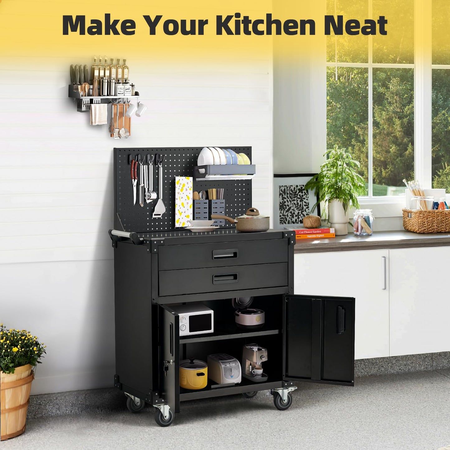 JFHID 52'' Work Bench for Garage with Pegboard Drawers and Cabinets Heavy Duty Metal Frame Tool Bench for Shop Kitchen Cabinets Organizer Work Table with Wheels (Black)