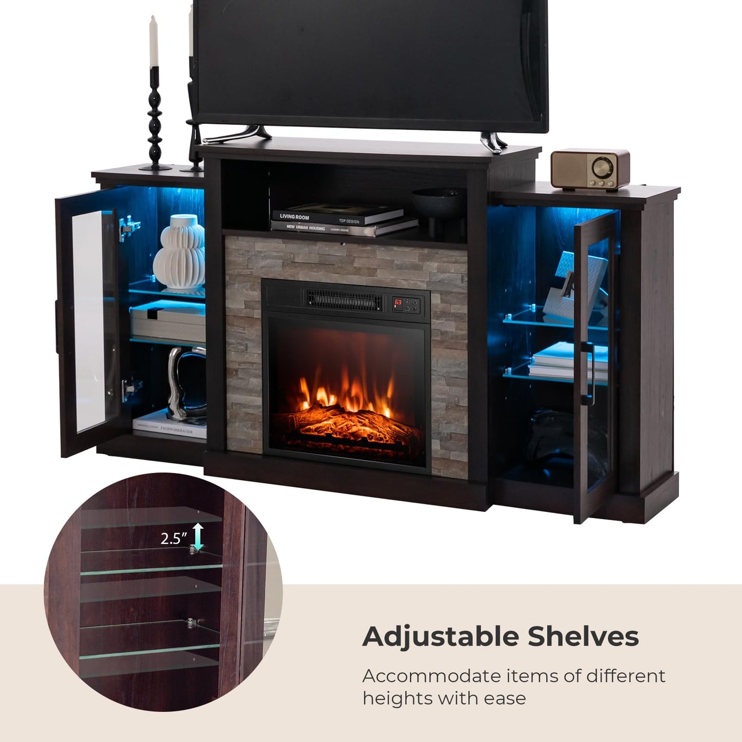 Tangkula Electric Fireplace TV Stand, Electric Fireplace Mantel with 16-Color Led Lights, Adjustable Glass Shelves, Remote & Smart APP Control, TV Console for Living Room (Espresso)