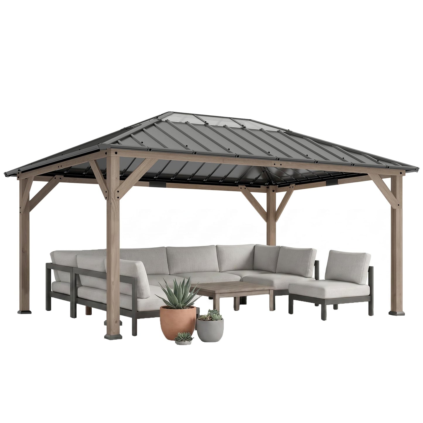 Outsunny 12' x 16' Hardtop Gazebo with Galvanized Steel Roof, Wood Permanent Pavilion Canopy Shelter with Clear Roof Top, UPF50+ Protection, Ceiling Hooks for Lawn, Backyard, Deck, Light Walnut