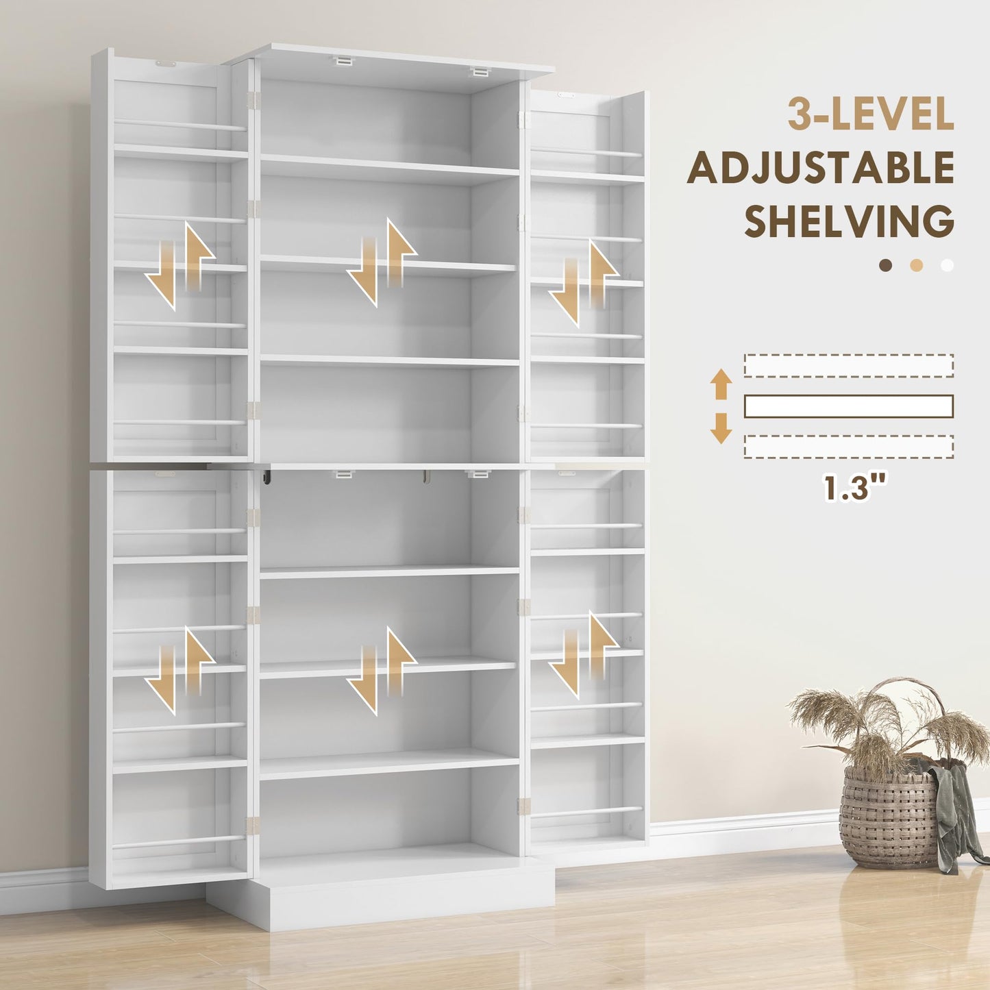 HOMCOM 65" Kitchen Pantry Storage Cabinet, Freestanding Kitchen Cabinet with 16 Door Shelves, Double Doors, 8-Tier Shelving and Adjustable Shelves, White