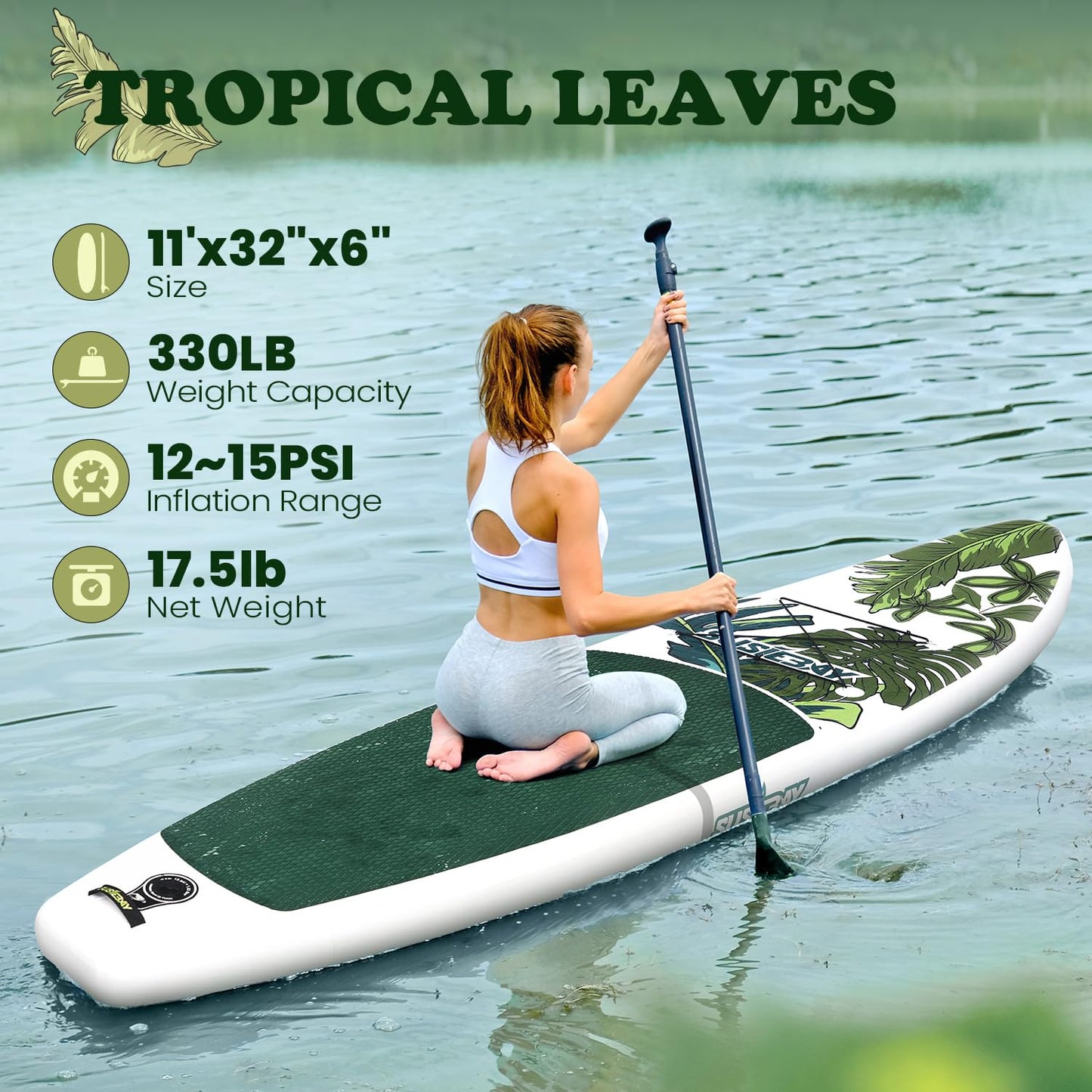 Susiebay Inflatable Stand Up Paddle Board, 11ft Paddle Board for Adults & Youth, Durable SUP Accessories with Non-Slip Deck, Dual Hand Pump,10L Dry Bag,108L Backpack